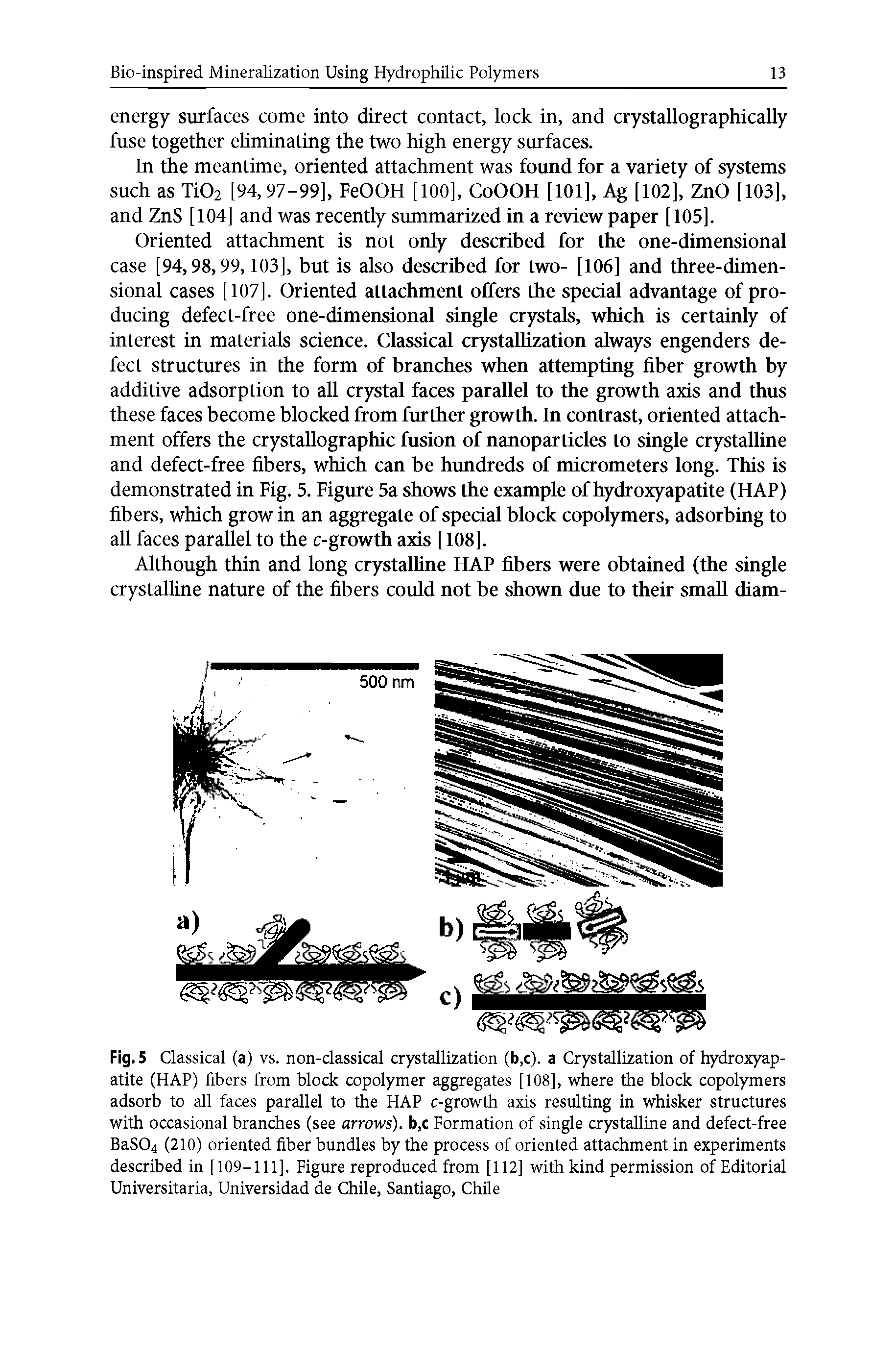 Fig.5 Classical (a) vs. non-classical crystallization (b,c). a Crystallization of hydroxyapatite (HAP) fibers from block copolymer aggregates [108], where the block copolymers adsorb to all faces parallel to the HAP c-growth axis resulting in whisker structures with occasional branches (see arrows). b,c Formation of single crystalline and defect-free BaS04 (210) oriented fiber bundles by the process of oriented attachment in experiments described in [109-111], Figure reproduced from [112] with kind permission of Editorial Universitaria, Universidad de Chile, Santiago, Chile...