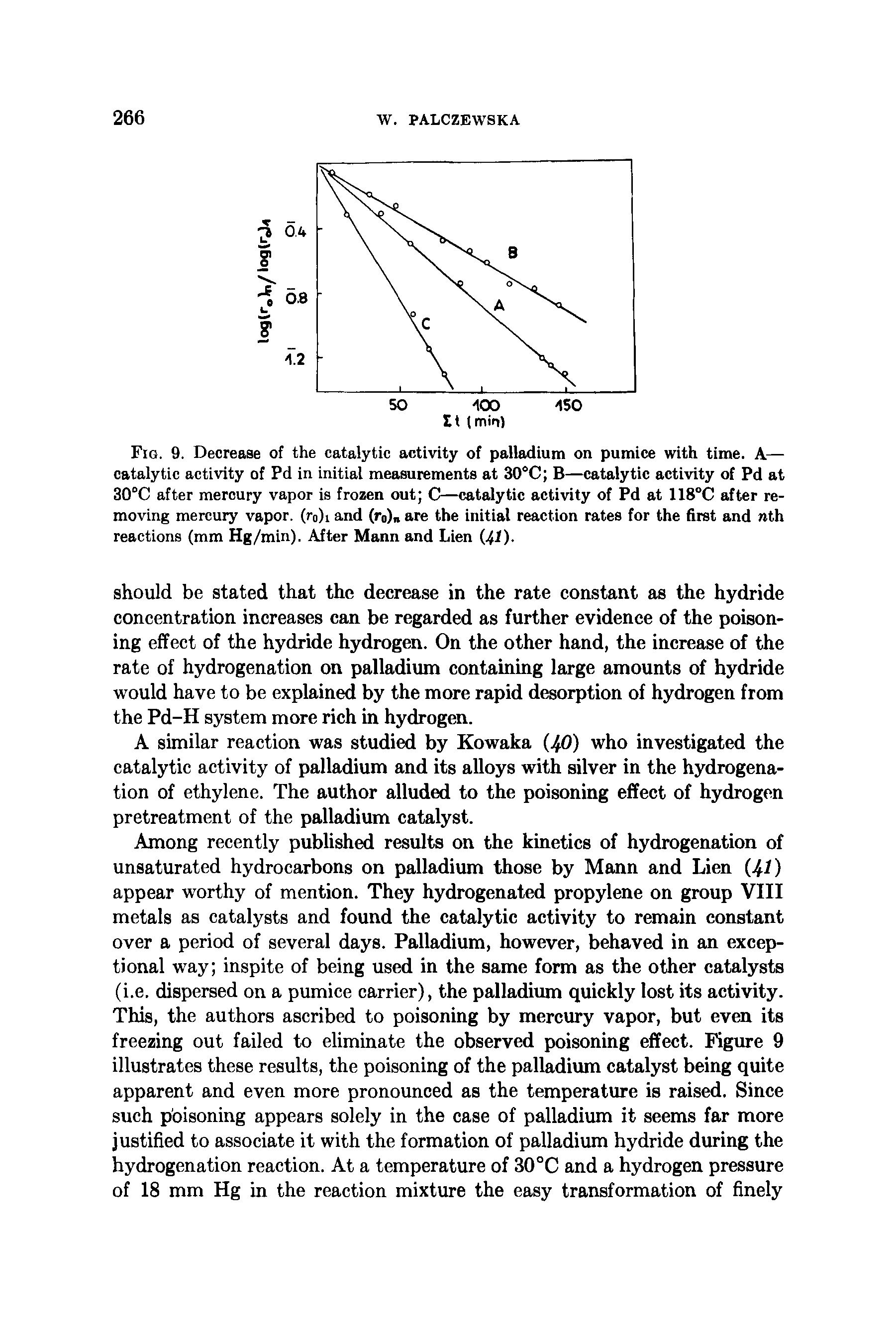 Fig. 9. Decrease of the catalytic activity of palladium on pumice with time. A— catalytic activity of Pd in initial measurements at 30°C B—catalytic activity of Pd at 30°C after mercury vapor is frozen out C—catalytic activity of Pd at 118°C after removing mercury vapor. (r0)i and (r0) are the initial reaction rates for the first and nth reactions (mm Hg/min). After Mann and Lien (41)-...