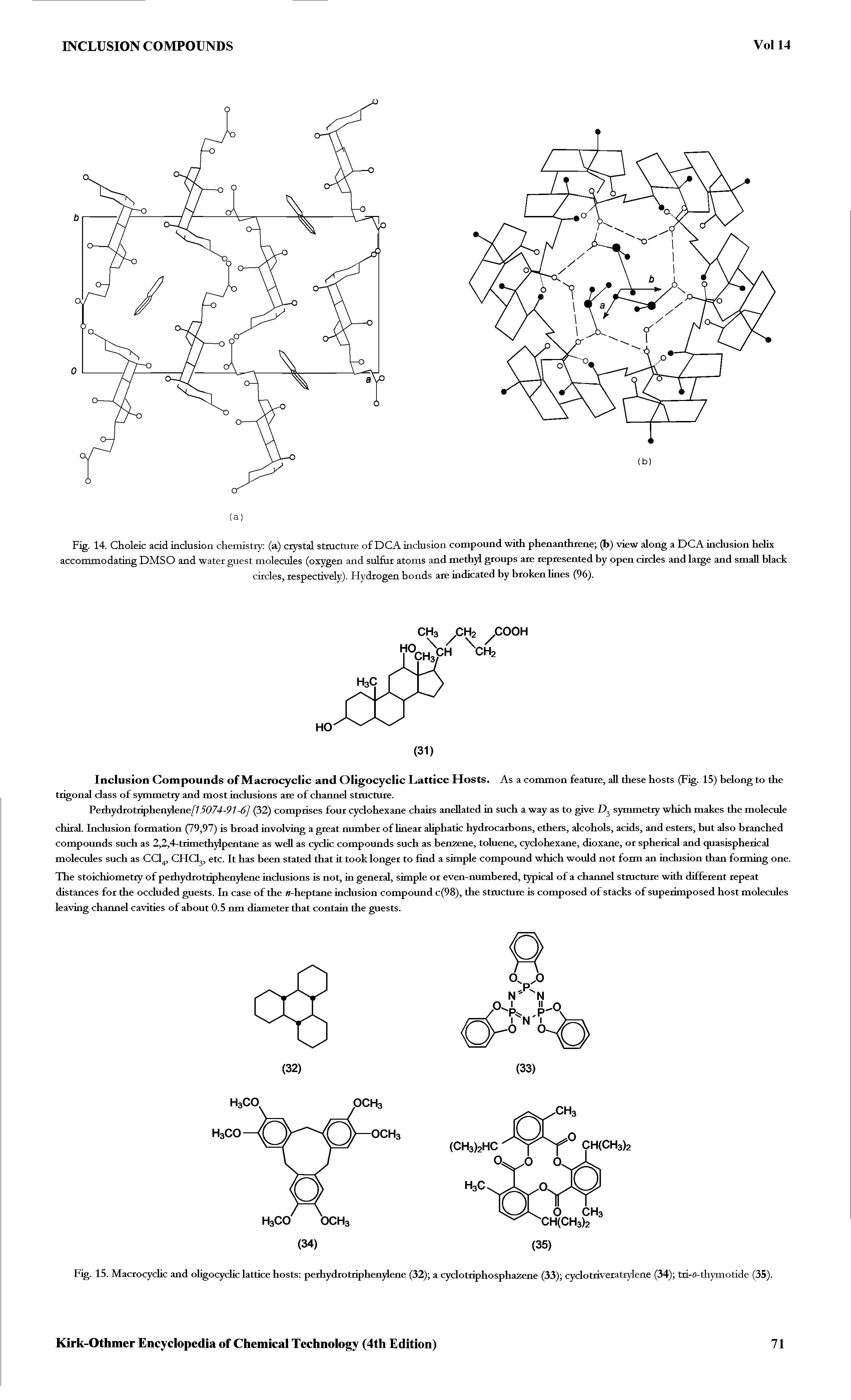 Fig. 14. Choleic acid inclusion chemistry (a) crystal structure of DCA inclusion compound with phenanthrene (b) view along a DCA inclusion helix accommodating DMSO and water guest molecules (oxygen and sulfur atoms and methyl groups are represented by open circles and large and small black...