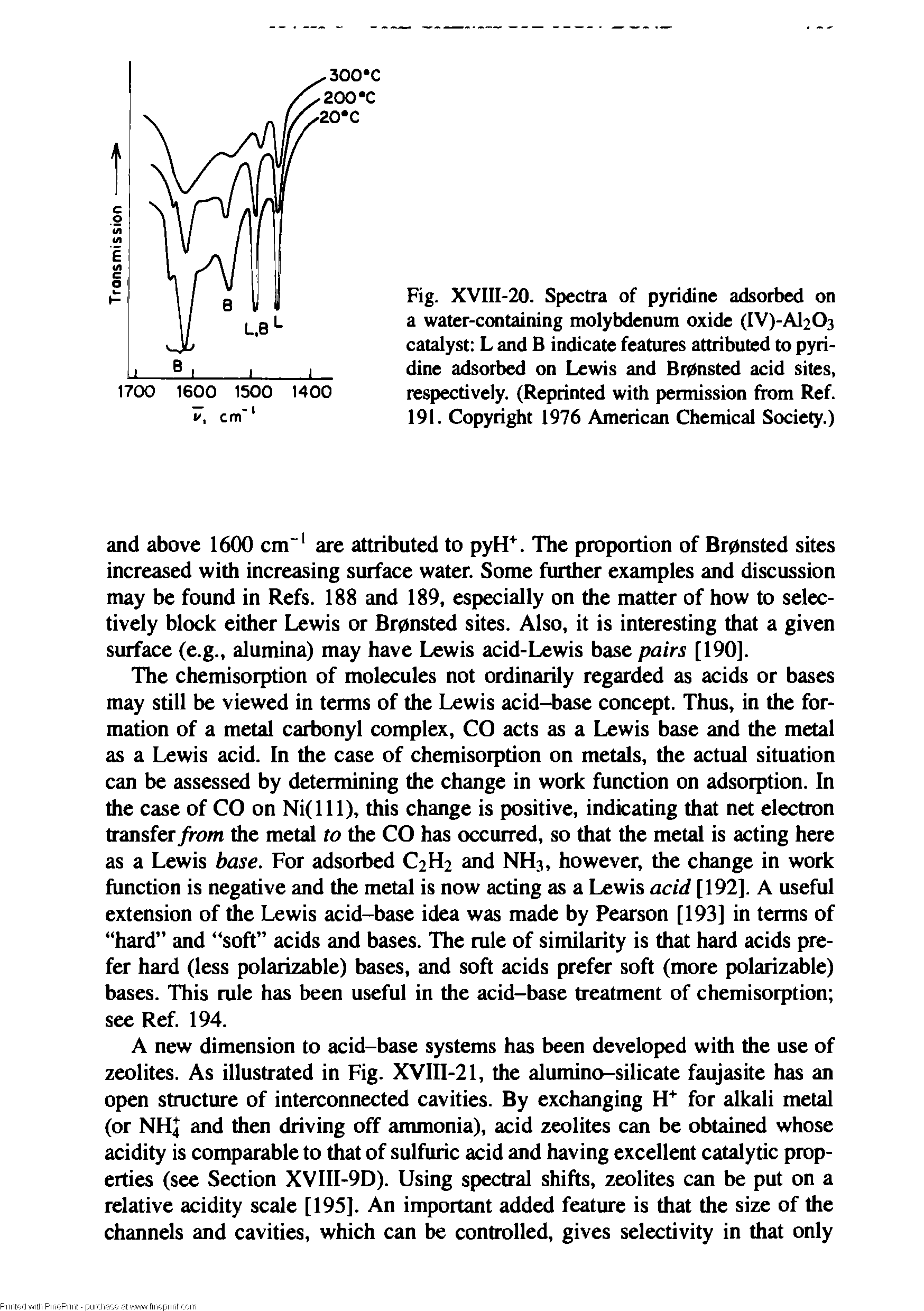 Fig. XVIII-20. Spectra of pyridine adsorbed on a water-containing molybdenum oxide (IV)-Al203 catalyst L and B indicate features attributed to pyridine adsorbed on Lewis and Brpnsted acid sites, respectively. (Reprinted with permission from Ref. 191. Copyright 1976 American Chemical Society.)...