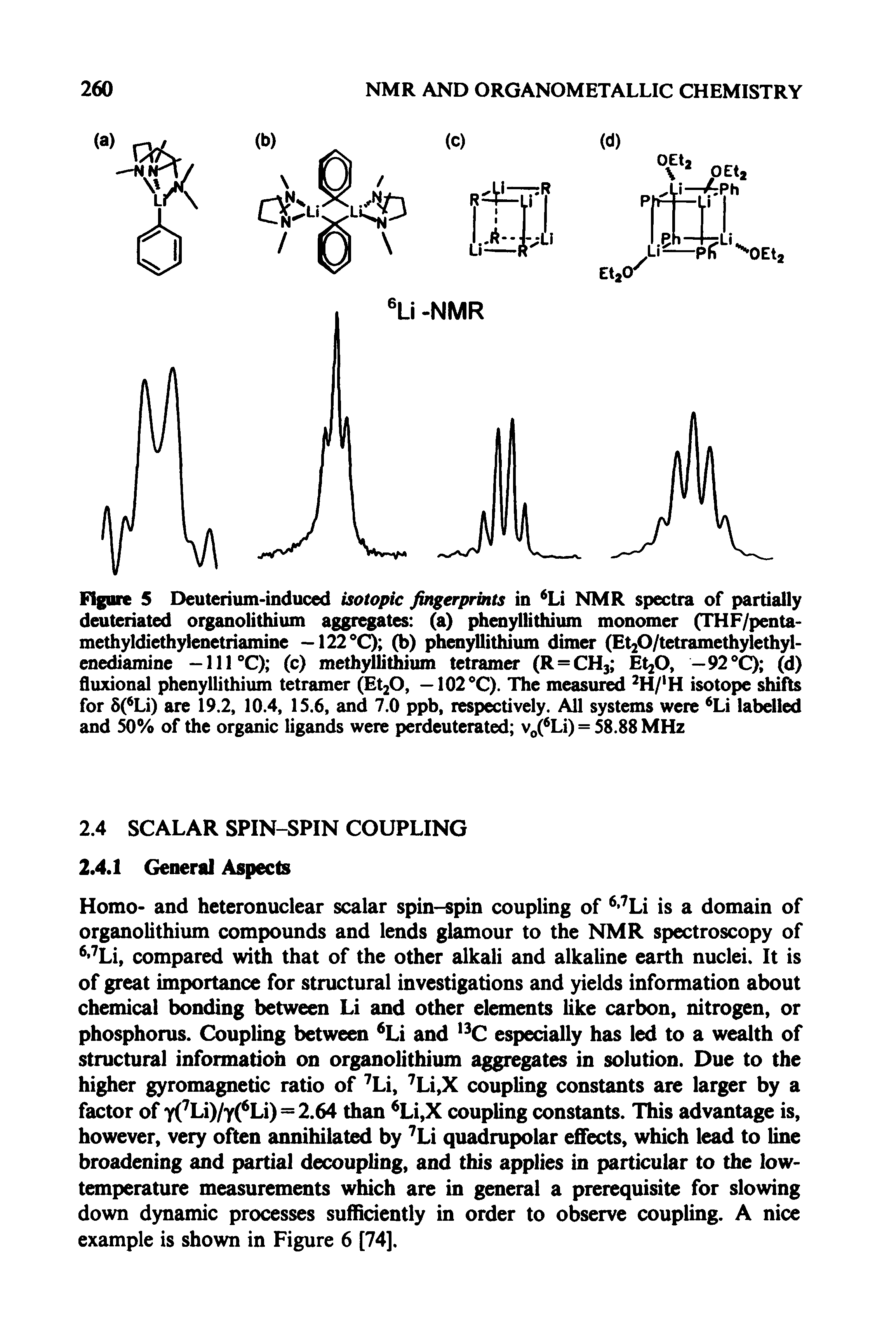 Figure 5 Deuterium-induced isotopic fingerprints in Li NMR spectra of partially deuteriated organolithium aggregates (a) phenyllithium monomer (THF/penta-methyldiethylenetriamine — 122°Q (b) phenyllithium dimer (Et20/tetramethylethyl-enediamine -111°C) (c) methylhthium tetramer (R=CHj EtjO, — 92 Q (d) fluxional phenyllithium tetramer (Et20, — 102 C). The measu H/ H isotope shifts for 5( Li) are 19.2, 10.4, 15.6, and 7.0 ppb, respectively. All systems were Li labelled and 50% of the organic ligands were perdeuterated v C Li) = 58.88 MHz...
