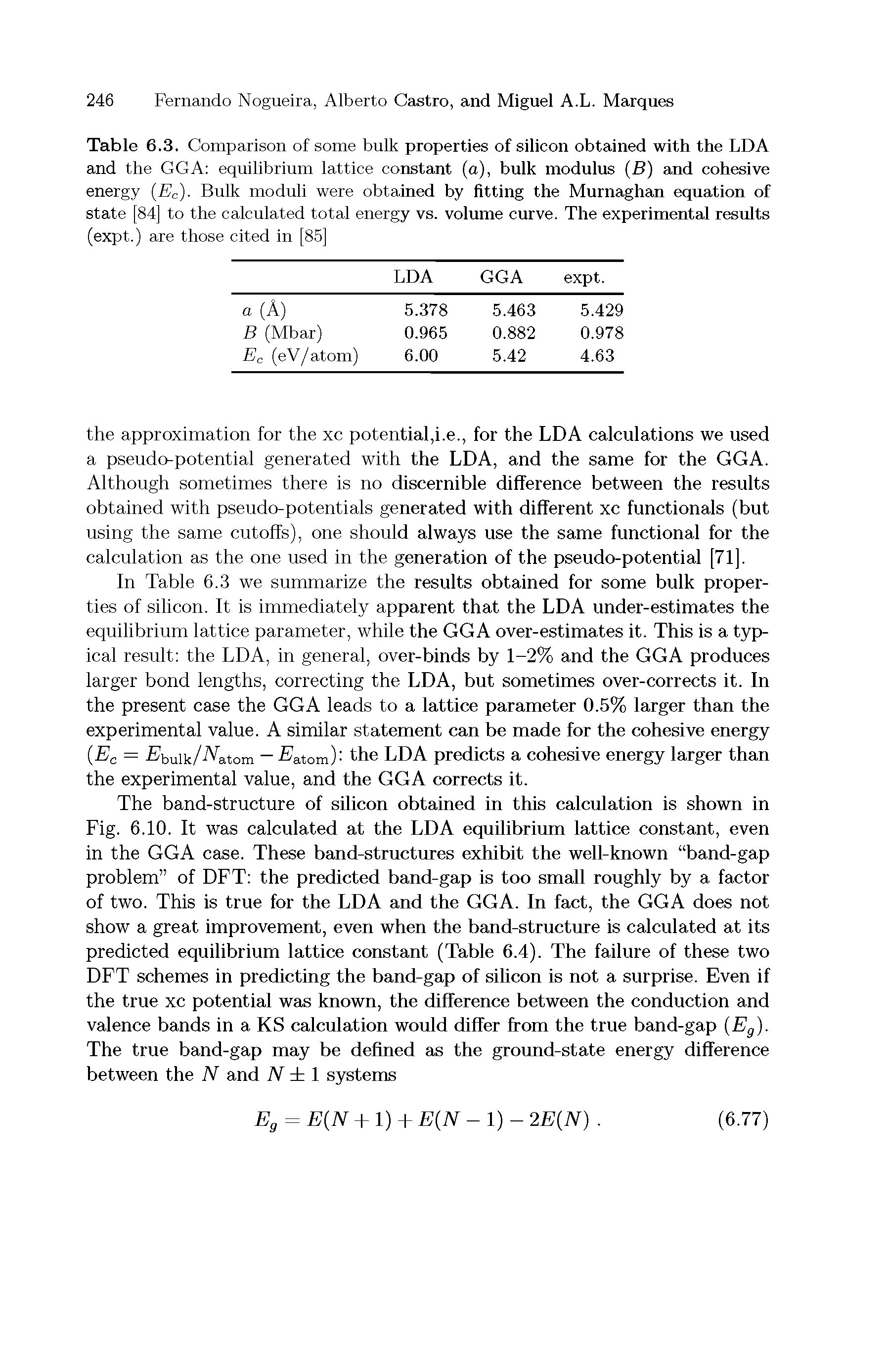 Table 6.3. Comparison of some bnlk properties of silicon obtained with the LDA and the GGA equilibrinm lattice constant (a), bulk modulus (B) and cohesive energy (Ec). Bnlk modnli were obtained by fitting the Murnaghan equation of state [84] to the calculated total energy vs. volume curve. The experimental results (expt.) are those cited in [85]...