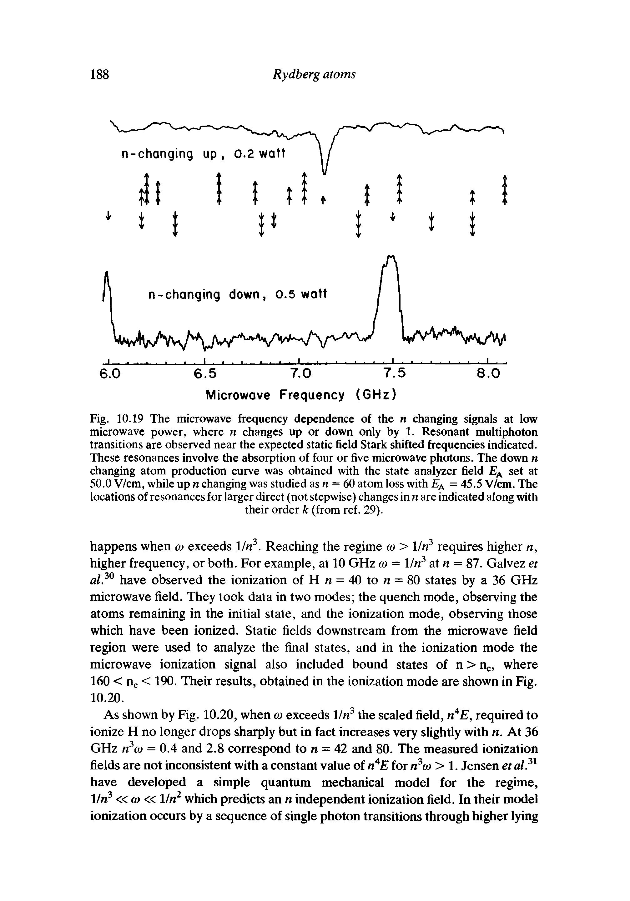 Fig. 10.19 The microwave frequency dependence of the n changing signals at low microwave power, where n changes up or down only by 1. Resonant multiphoton transitions are observed near the expected static field Stark shifted frequencies indicated. These resonances involve the absorption of four or five microwave photons. The down n changing atom production curve was obtained with the state analyzer field EA set at 50.0 V/cm, while up n changing was studied as n = 60 atom loss with EA = 45.5 V/cm. The locations of resonances for larger direct (not stepwise) changes in n are indicated along with...