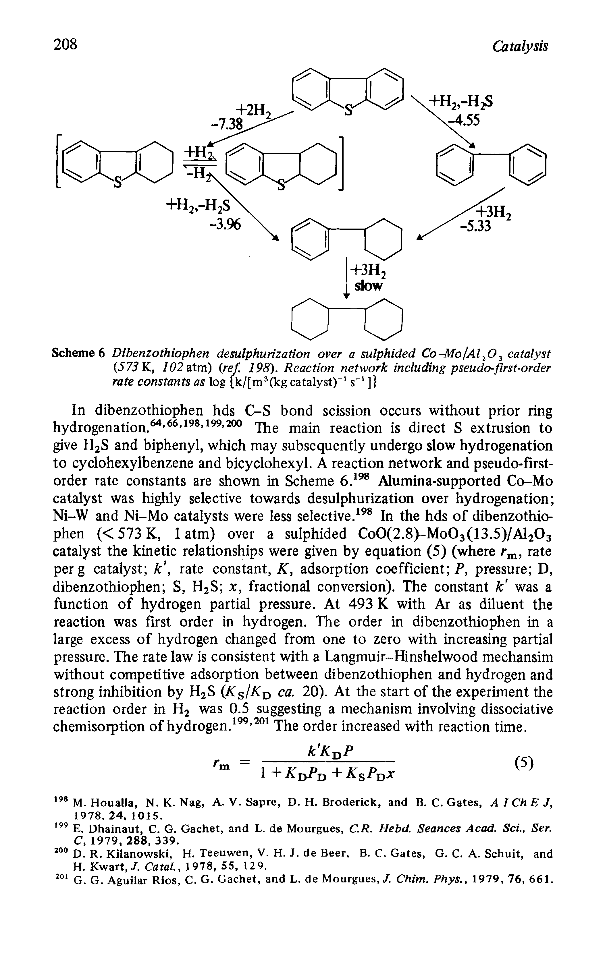 Scheme 6 Dibenzothiophen desulphurization over a sulphided Co-MolAl O catalyst (57 K, 7( 2atm) ref. 198). Reaction network including pseudo-first-order rate constants as log (k/[m (kg catalyst)" s" ] ...