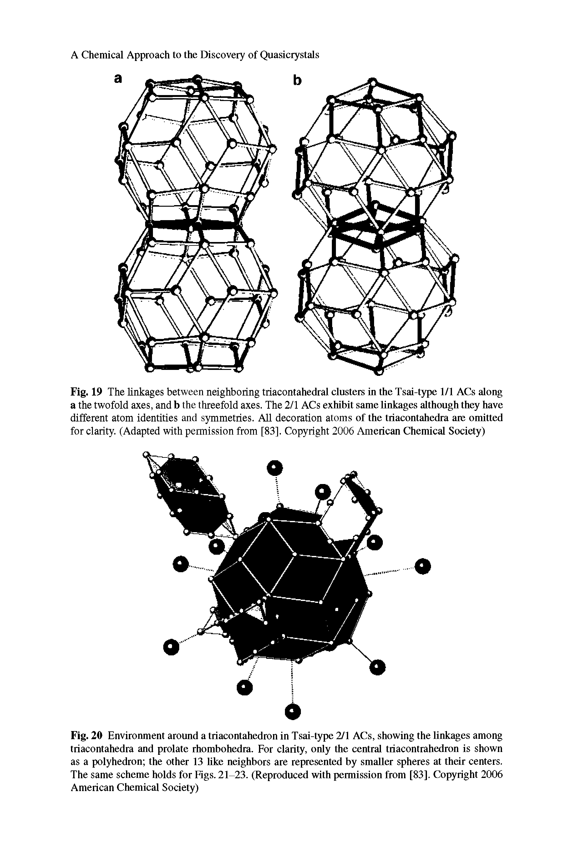 Fig. 19 The linkages between neighboring triacontahedral clusters in the Tsai-type 1/1 ACs along a the twofold axes, and b the threefold axes. The 2/1 ACs exhibit same linkages although they have different atom identities and symmetries. All decoration atoms of the triacontahedra are omitted for clarity. (Adapted with permission from [83], Copyright 2006 American Chemical Society)...