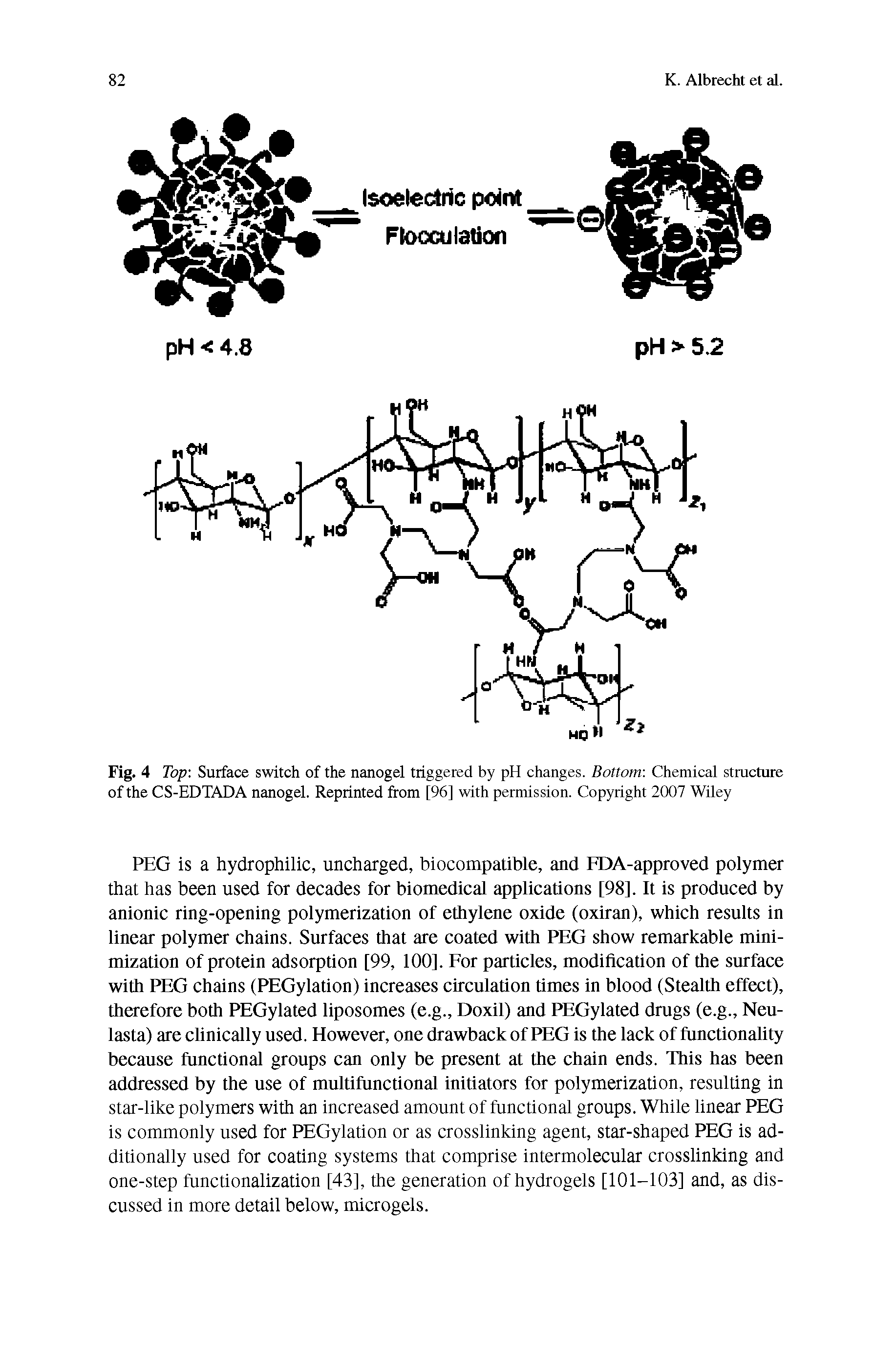 Fig. 4 Top Surface switch of the nanogel triggered by pH changes. Bottom Chemical structure of the CS-EDTADA nanogel. Reprinted from [96] with permission. Copyright 2007 Wiley...