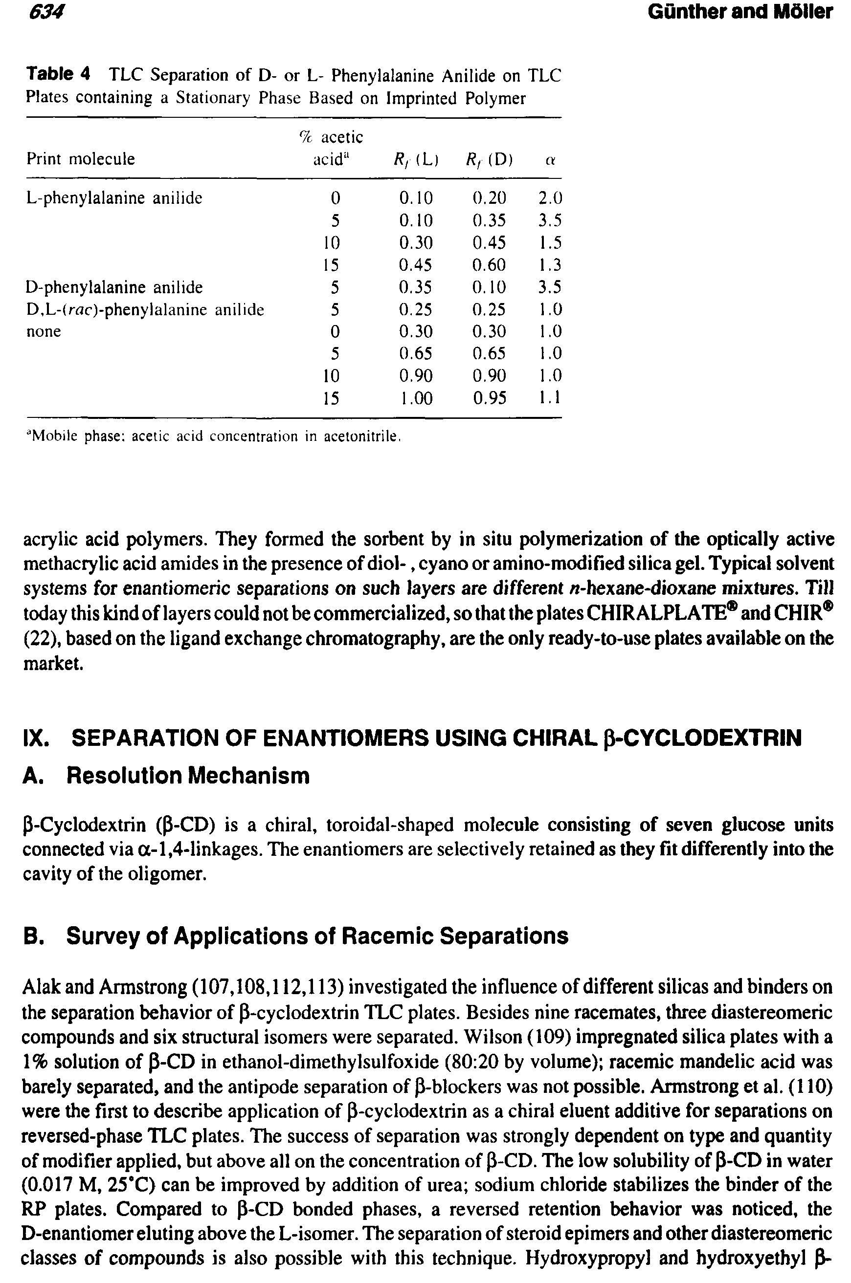 Table 4 TLC Separation of D- or L- Phenylalanine Anilide on TLC Plates containing a Stationary Phase Based on Imprinted Polymer...