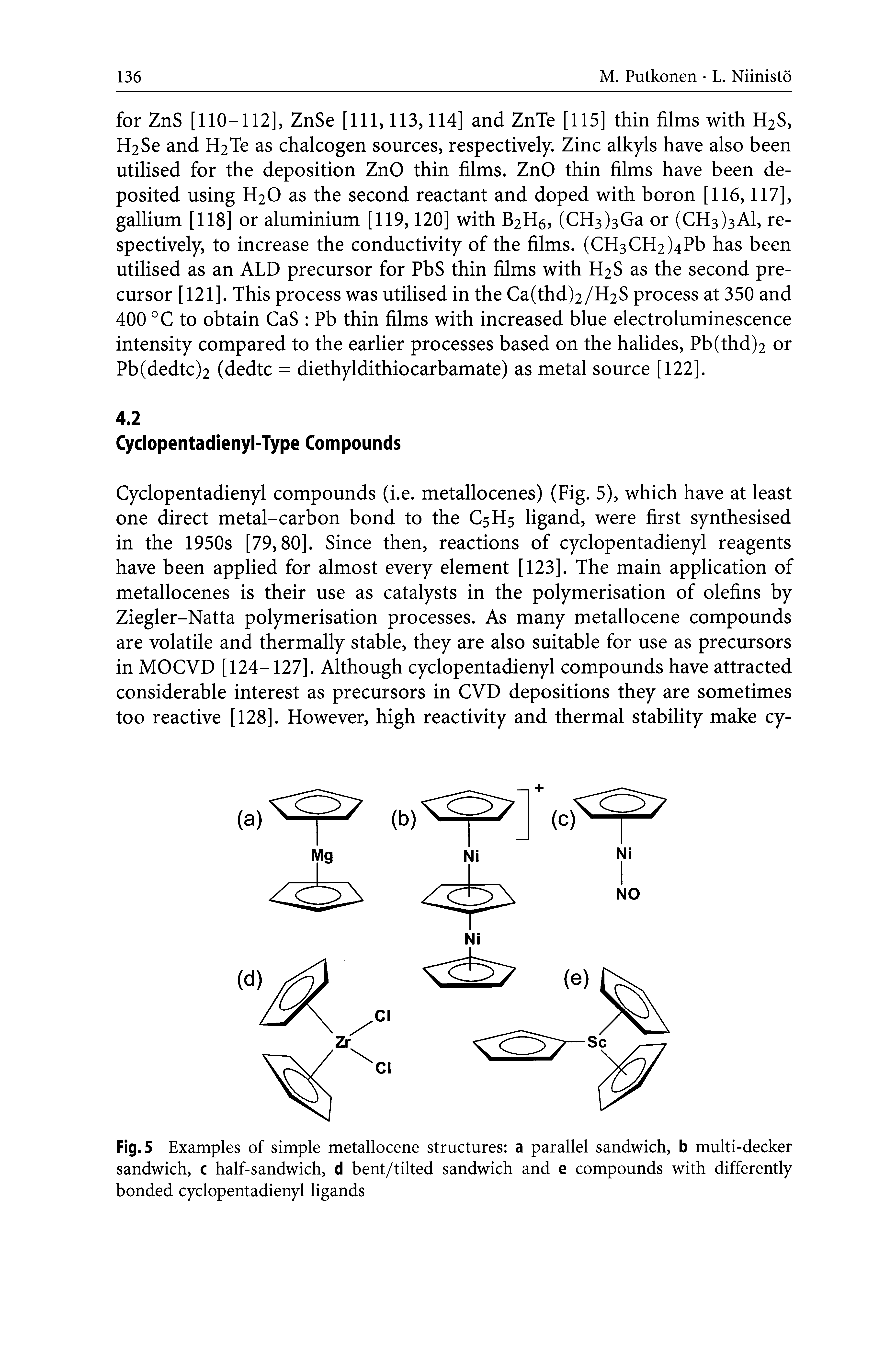 Fig.5 Examples of simple metallocene structures a parallel sandwich, b multi-decker sandwich, c half-sandwich, d bent/tilted sandwich and e compounds with differently bonded cyclopentadienyl ligands...