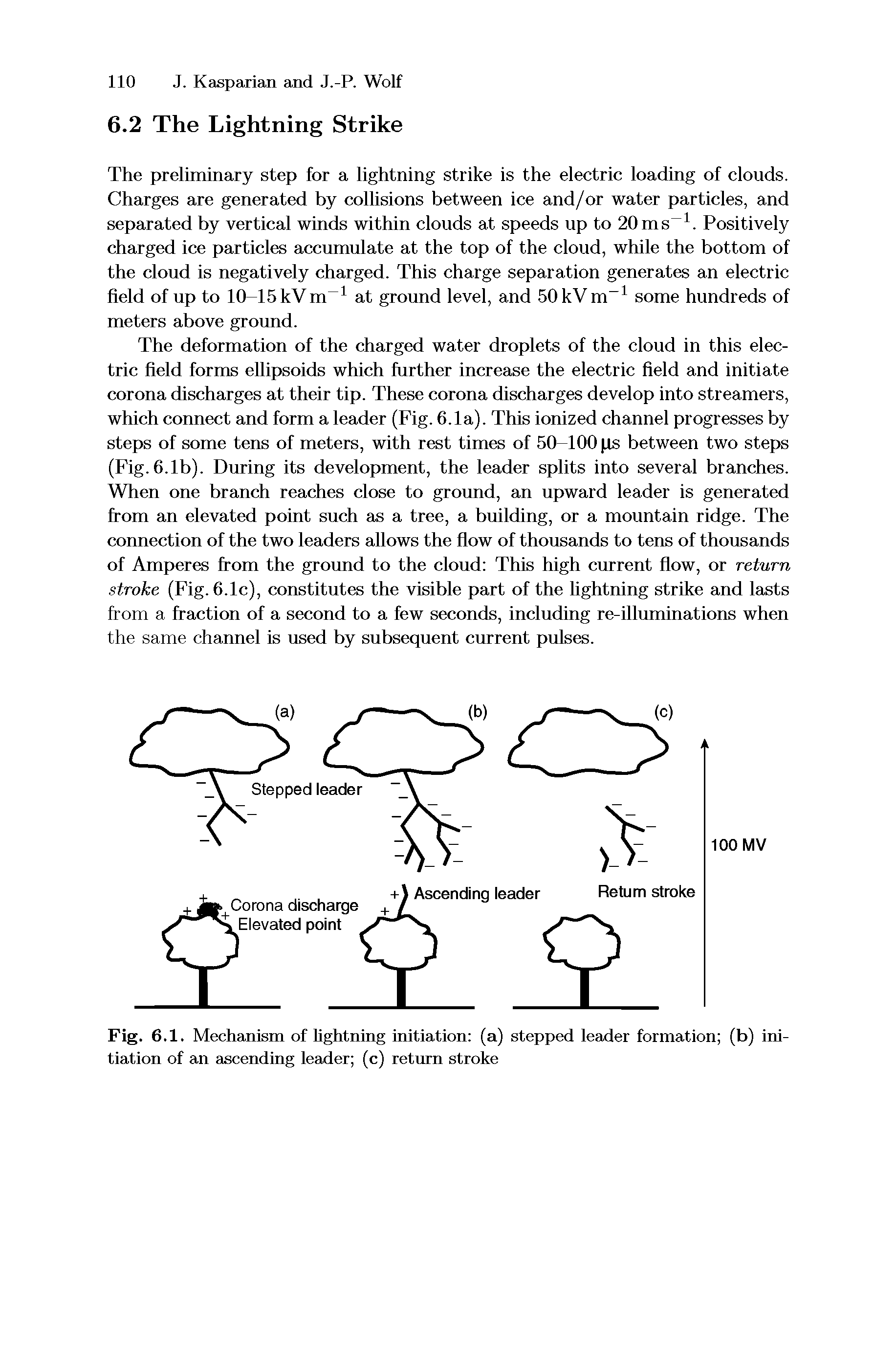 Fig. 6.1. Mechanism of lightning initiation (a) stepped leader formation (b) initiation of an ascending leader (c) return stroke...