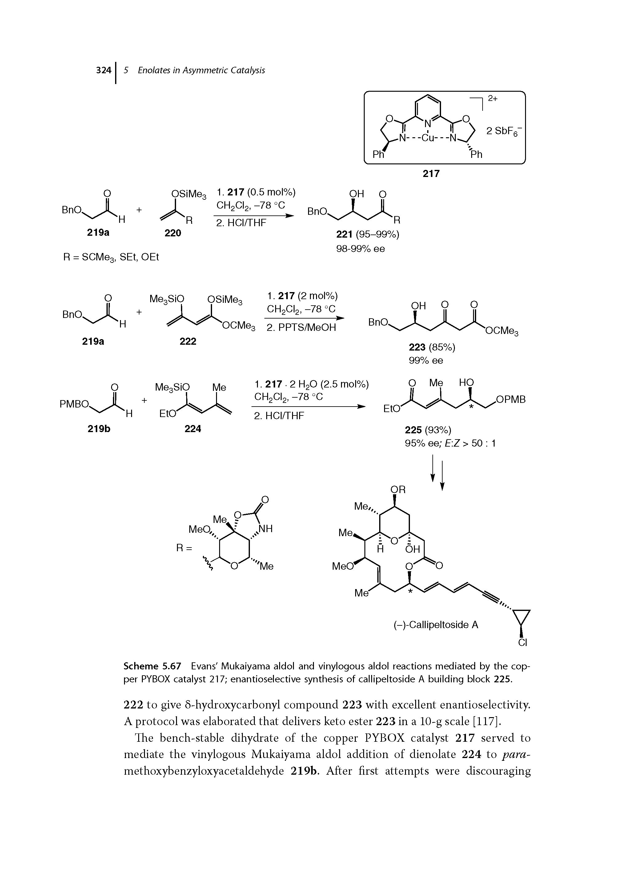 Scheme 5.67 Evans Mukaiyama aldol and vinylogous aldol reactions mediated by the copper PYBOX catalyst 217 enantioselective synthesis of callipeltoside A building block 225.