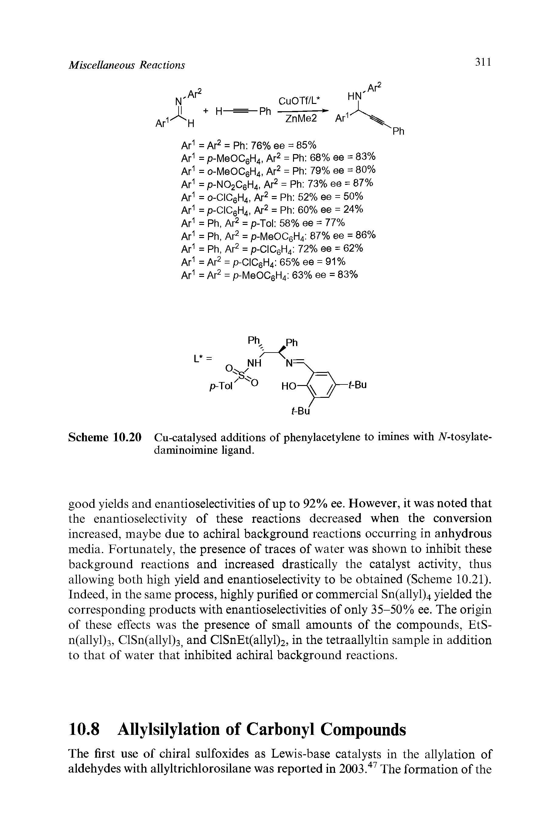 Scheme 10.20 Cu-catalysed additions of phenylacetylene to imines with 7V-tosylate-daminoimine ligand.