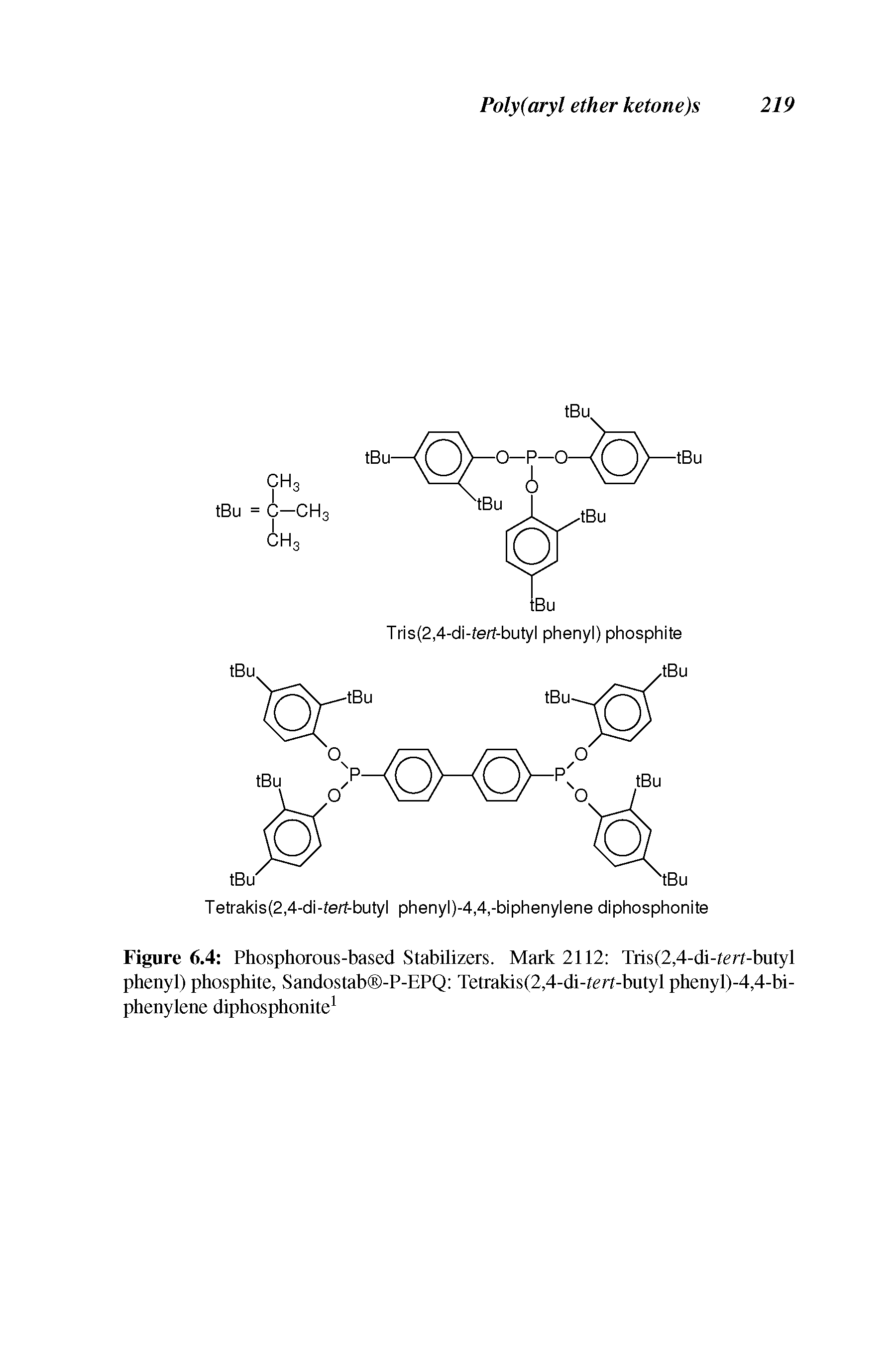 Figure 6.4 Phosphorous-based Stabilizers. Mark 2112 Tris(2,4-di-ferf-butyl phenyl) phosphite, Sandostab -P-EPQ Tetrakis(2,4-di-tert-butyl phenyl)-4,4-bi-phenylene diphosphonite ...