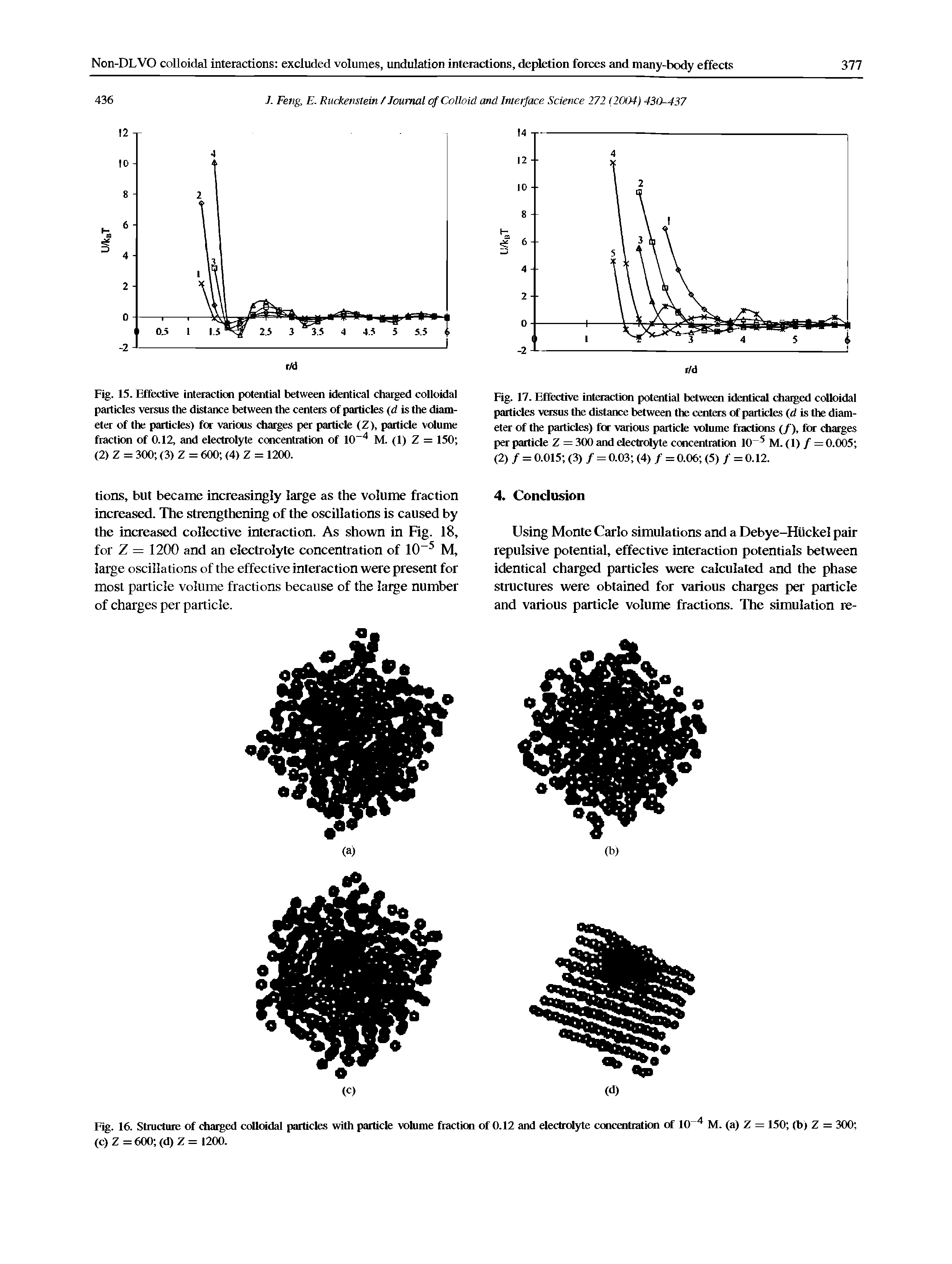 Fig. 17. Effective interaction potential between identical charged colloidal particles versus the distance between the centers of particles (d is the diameter of the particles) for various particle volume fractions (/), for charges per particle Z = 300 and electrolyte concentration 10 5 M. (1) / = 0.005 (2) / = 0.015 (3) / = 0.03 (4) / = 0.06 (5) / = 0.12.