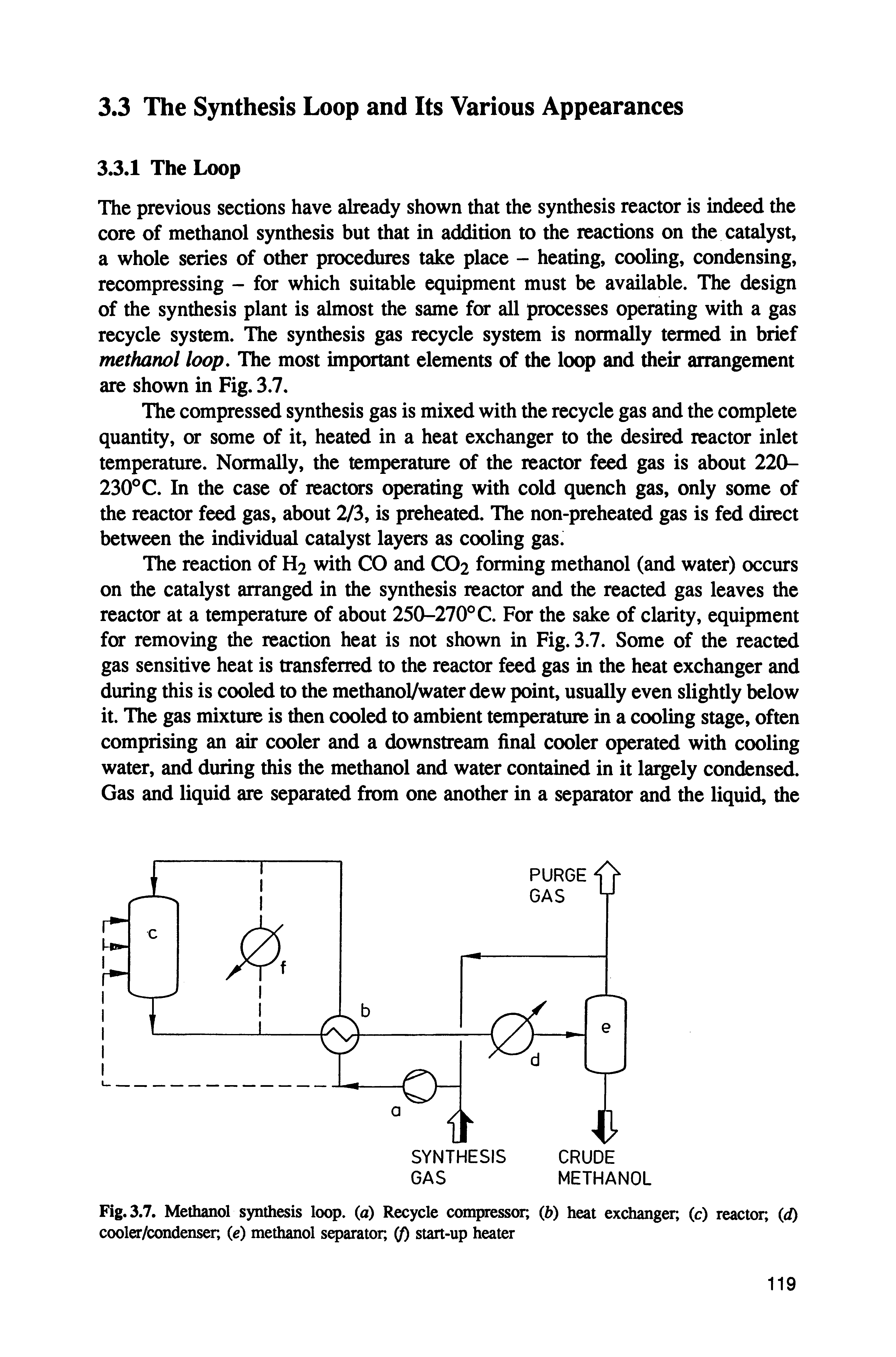 Fig. 3.7. Methanol synthesis loop, (a) Recycle compressor (f>) heat exchanger, (c) reactor, (d) cooler/condenser, (e) methanol separator, (/) start-up heater...