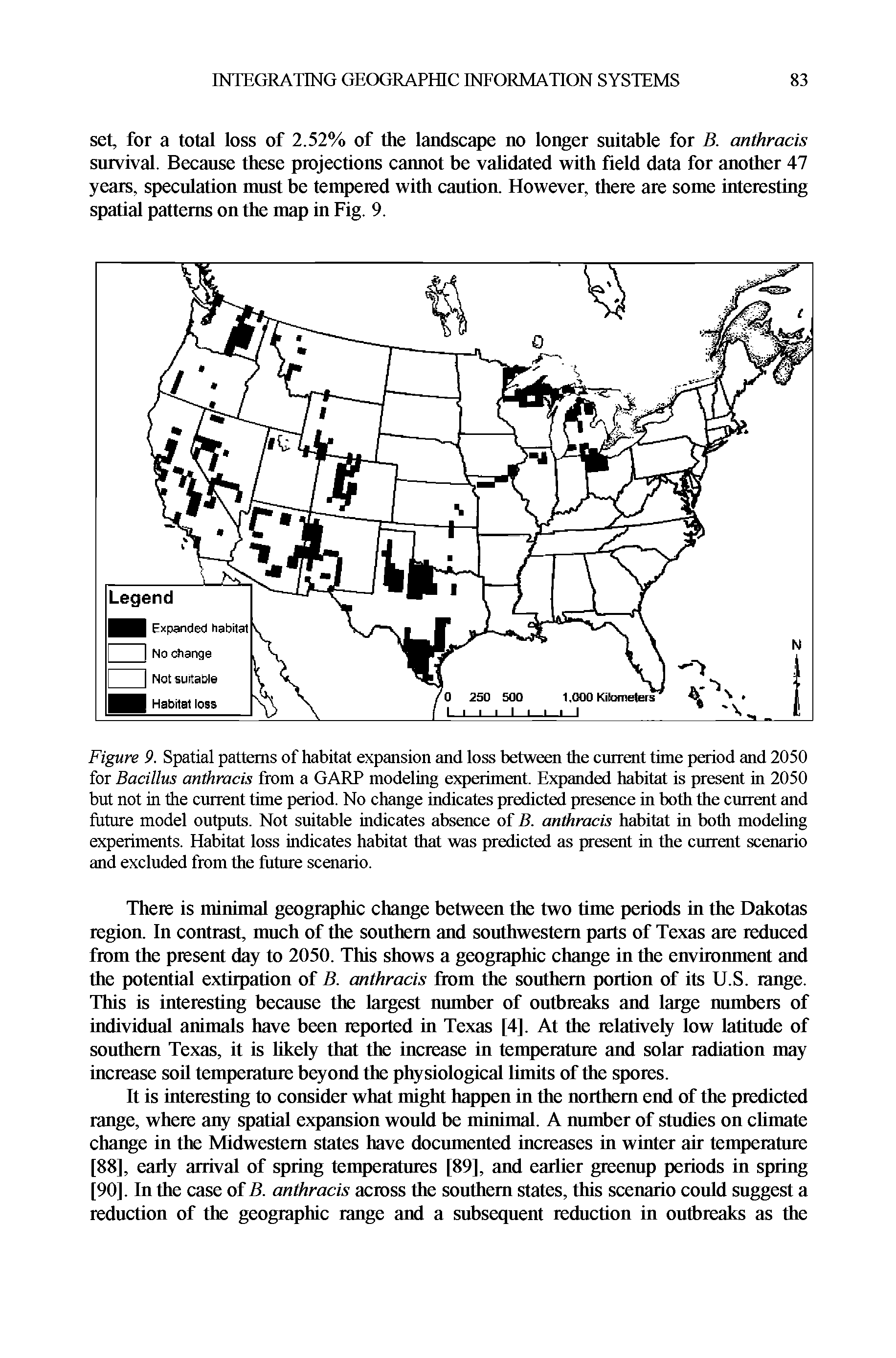 Figure 9. Spatial patterns of habitat expansion and loss between the current time period and 2050 for Bacillus anthracis from a GARP modeling experiment. Expanded habitat is present in 2050 but not in the current time period. No change indicates predicted presence in both the current and future model outputs. Not suitable indicates absence of B. anthracis habitat in both modeling experiments. Habitat loss indicates habitat that was predicted as present in the current scenario and excluded from the future scenario.