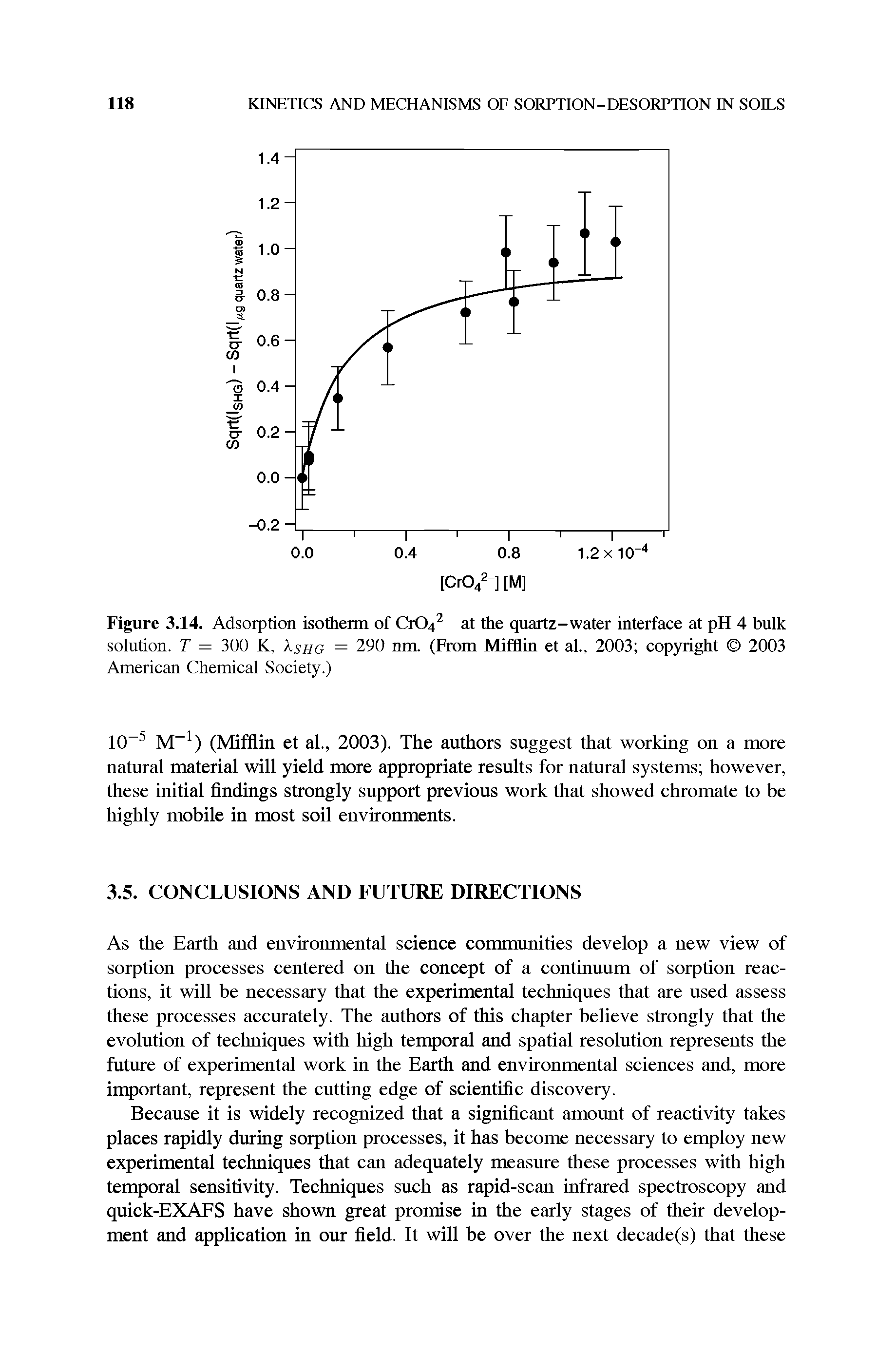 Figure 3.14. Adsorption isothenn of 0104 at the quartz-water interface at pH 4 bulk solution. T = 300 K. ksnc = 290 nm. (From Mifflin et al., 2003 copyright 2003 American Chemical Society.)...
