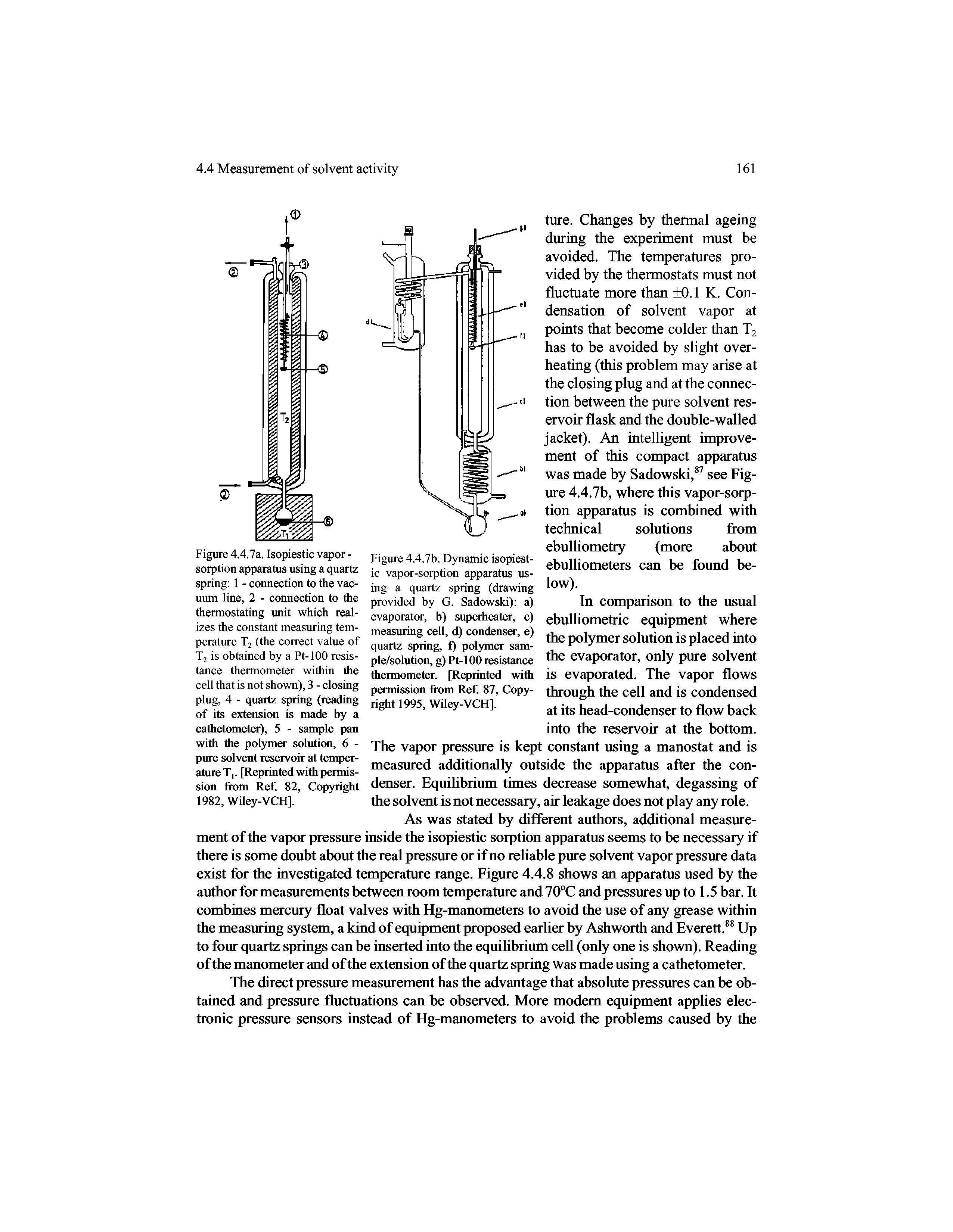 Figure 4.4.7b. Dynamic isopiestic vapor-sorption apparatus using a quartz spring (drawing provided by G. Sadowski) a) evaporator, b) superheater, c) measuring cell, d) condenser, e) quartz spring, f) polymer sam-ple/solution, g) Pt-100 resistance thermometer. [Reprinted with permission from Ref. 87, Copyright 1995, Wiley-VCH].