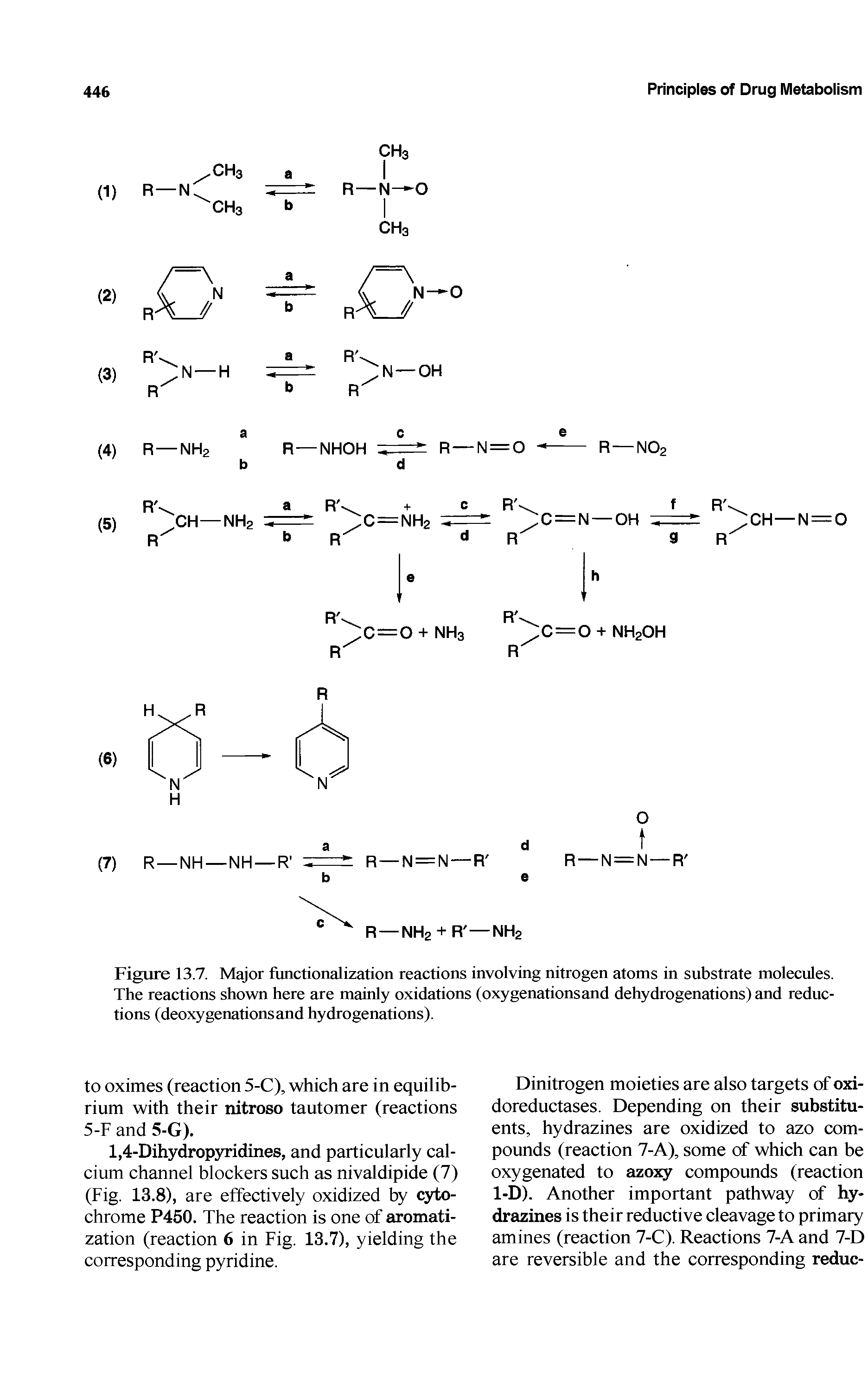 Figure 13.7. Major functionalization reactions involving nitrogen atoms in substrate molecules. The reactions shown here are mainly oxidations (oxygenations and dehydrogenations) and reductions (deoxygenationsand hydrogenations).