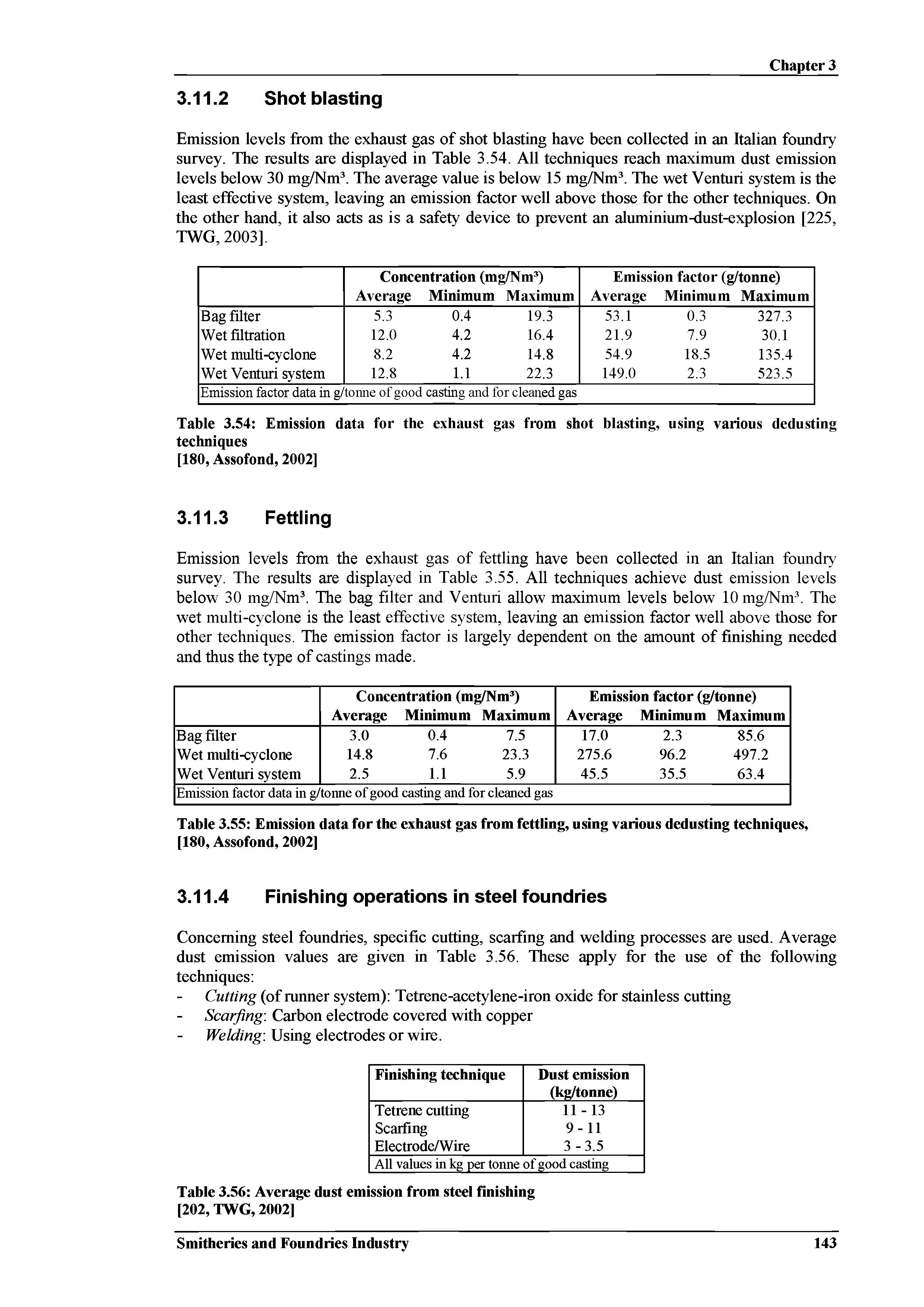 Table 3.55 Emission data for the exhaust gas from fettling, using various dedusting techniques, [180, Assofond, 2002]...