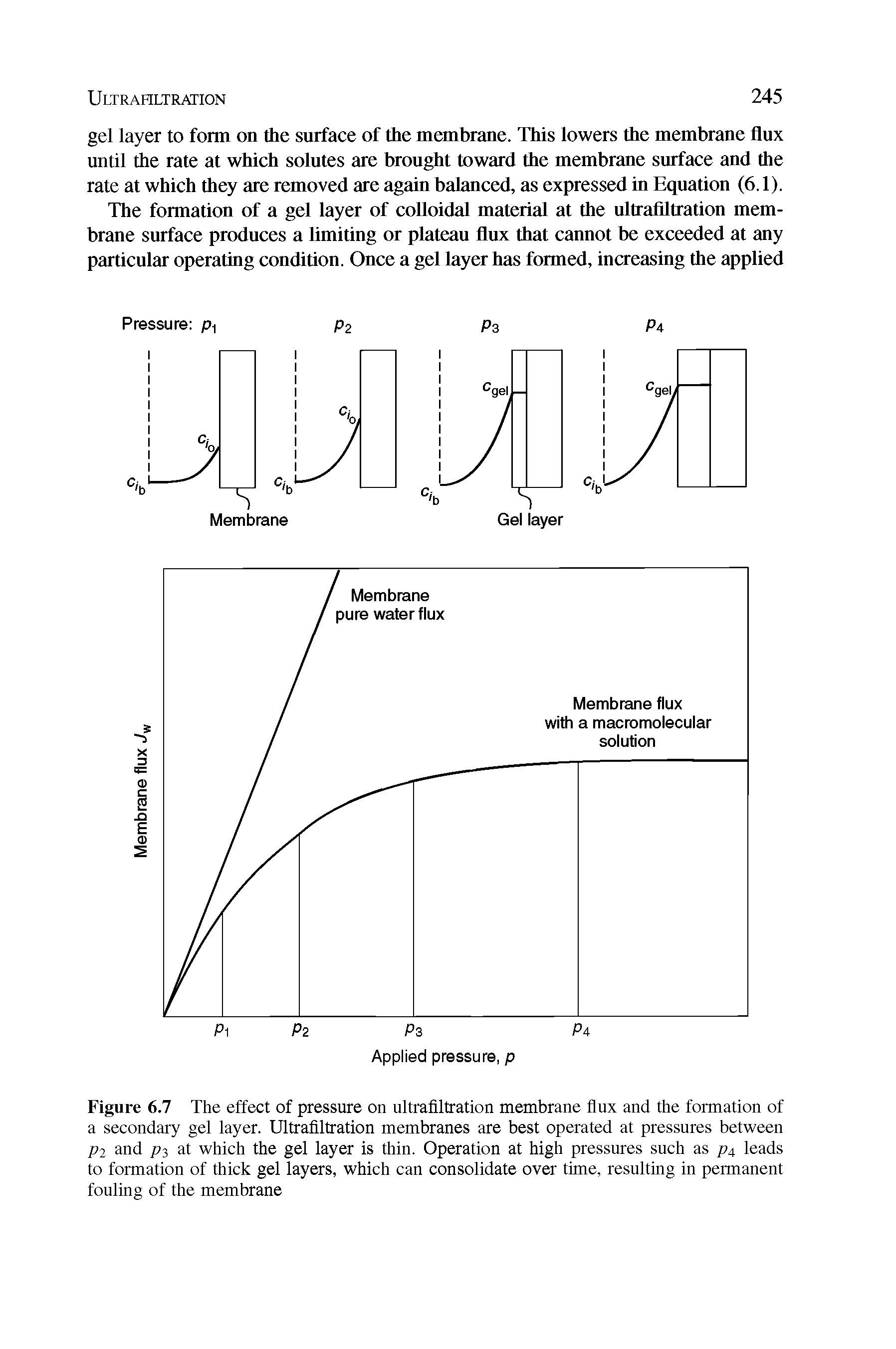 Figure 6.7 The effect of pressure on ultrafiltration membrane flux and the formation of a secondary gel layer. Ultrafiltration membranes are best operated at pressures between p2 and p3 at which the gel layer is thin. Operation at high pressures such as p4 leads to formation of thick gel layers, which can consolidate over time, resulting in permanent fouling of the membrane...