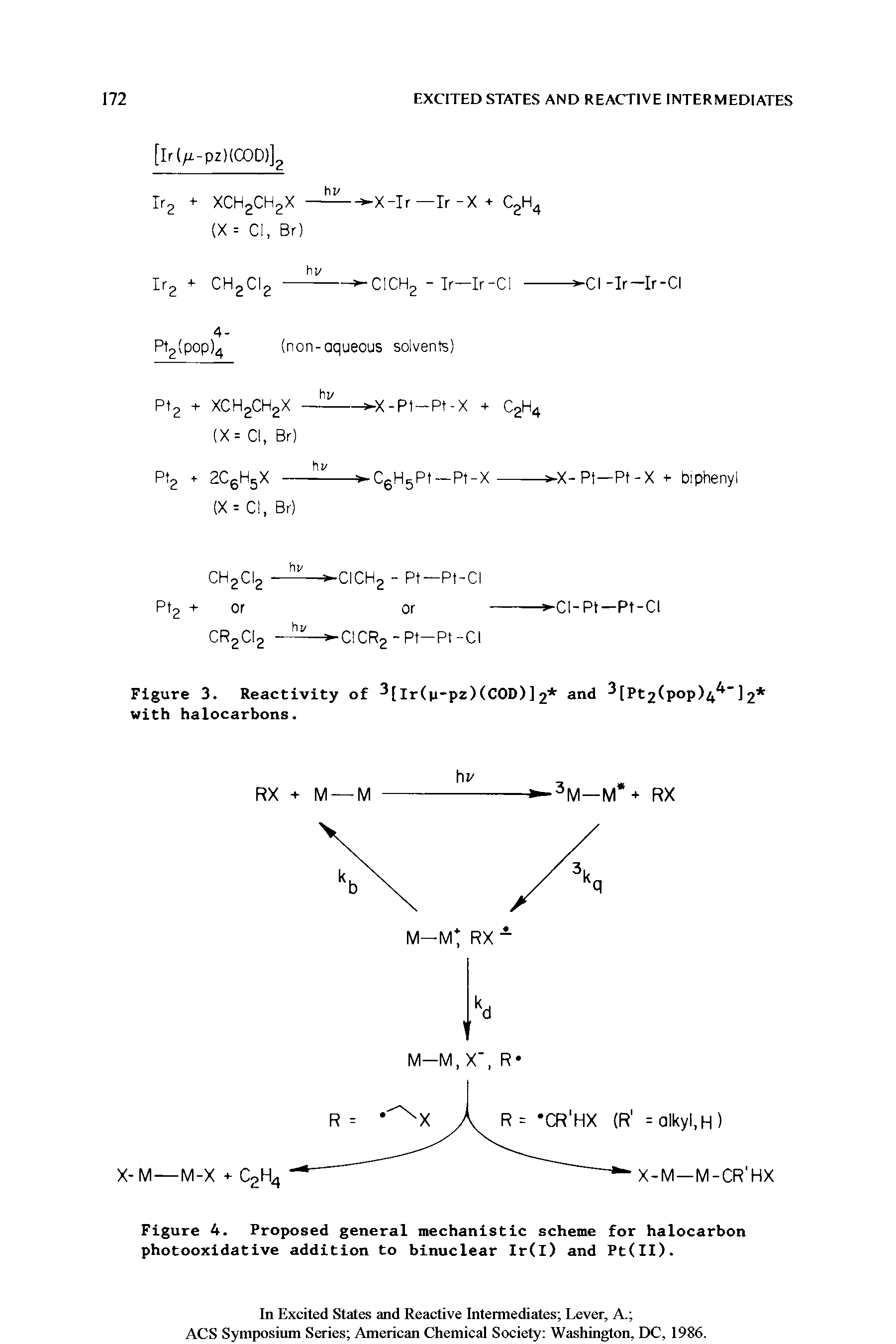 Figure 4. Proposed general mechanistic scheme for halocarbon photooxidative addition to binuclear Ir(l) and Pt(II).