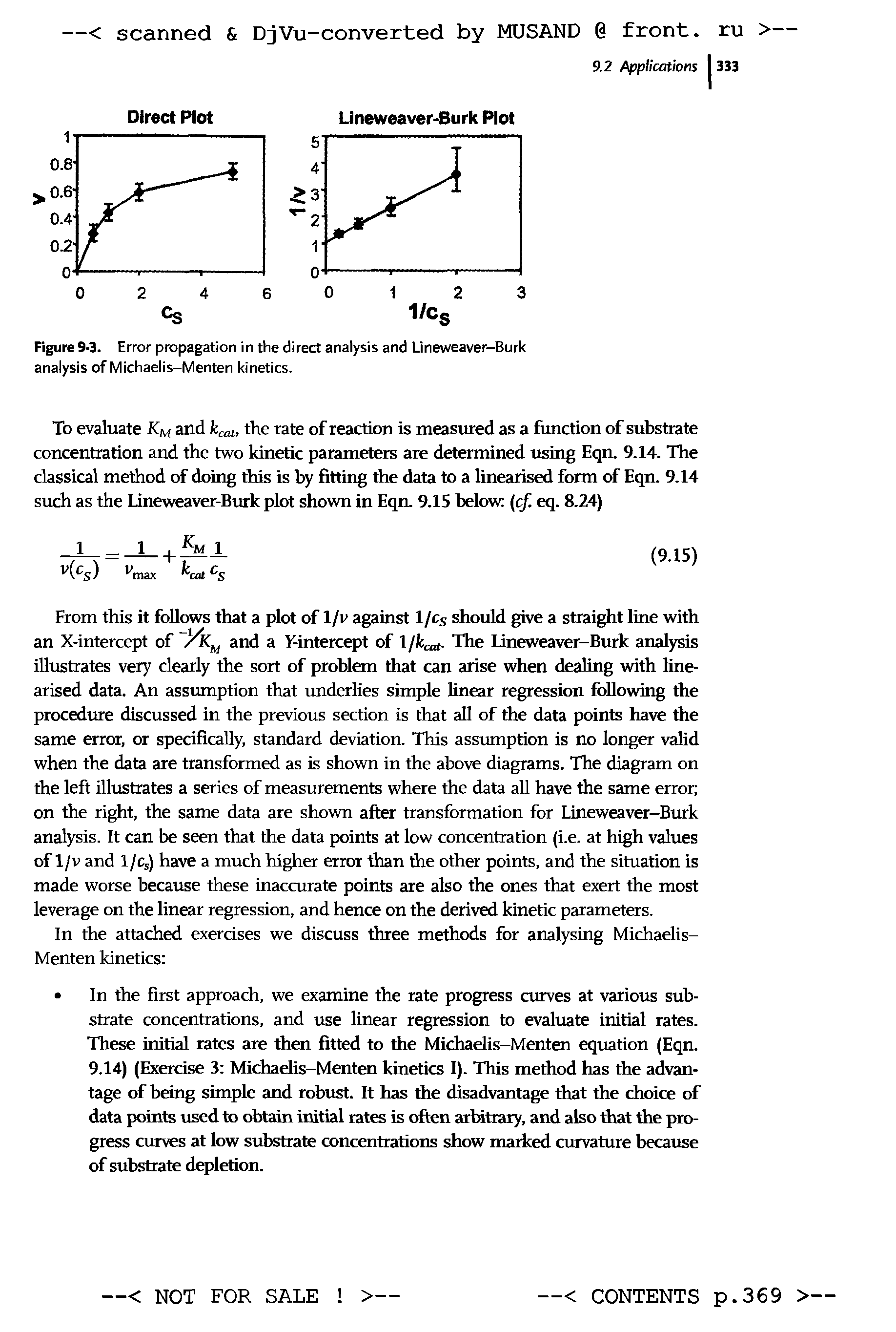Figure 9-3. Error propagation in the direct analysis and Lineweaver-Burk analysis of Michaelis-Menten kinetics.