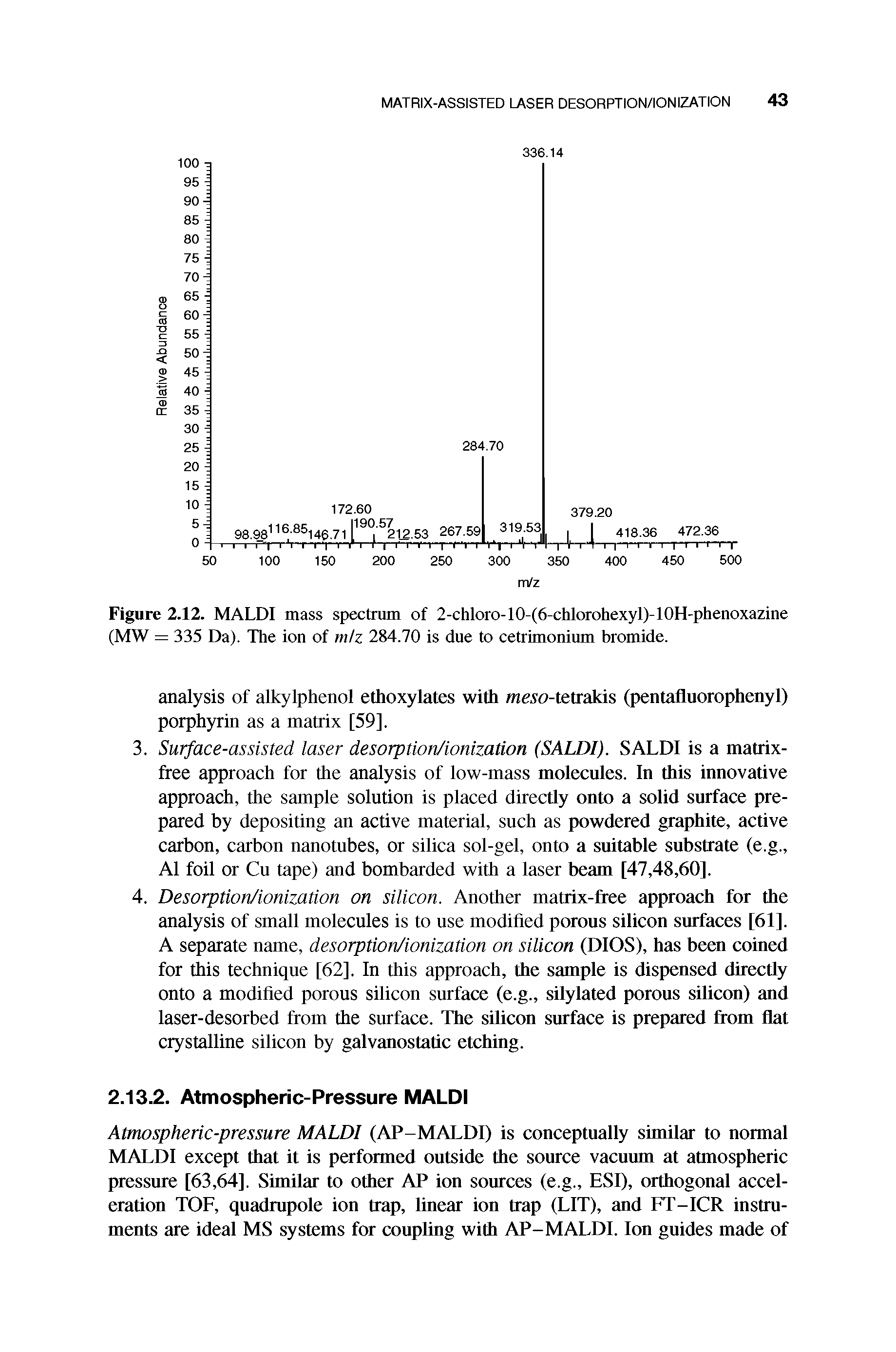 Figure 2.12. MALDI mass spectrum of 2-chloro-10-(6-chlorohexyl)-10H-phenoxazine (MW = 335 Da). The ion of miz 284.70 is due to cetrimonium bromide.