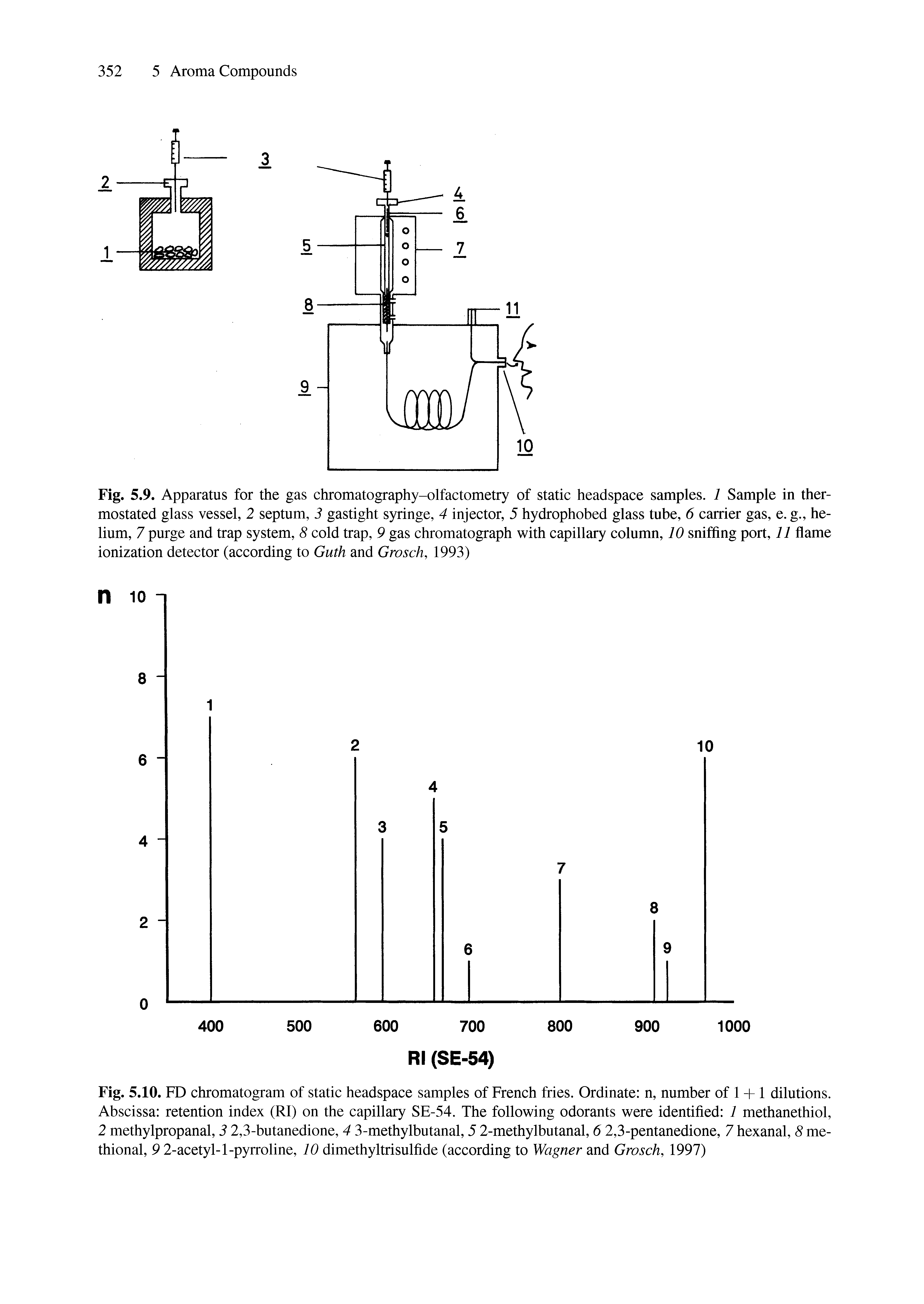 Fig. 5.9. Apparatus for the gas chromatography-olfactometry of static headspace samples. 1 Sample in ther-mostated glass vessel, 2 septum, 3 gastight syringe, 4 injector, 5 hydrophobed glass tube, 6 carrier gas, e. g, helium, 7 purge and trap system, 8 cold trap, 9 gas chromatograph with capillary column, 10 sniffing port, 11 flame ionization detector (according to Guth and Grosch, 1993)...