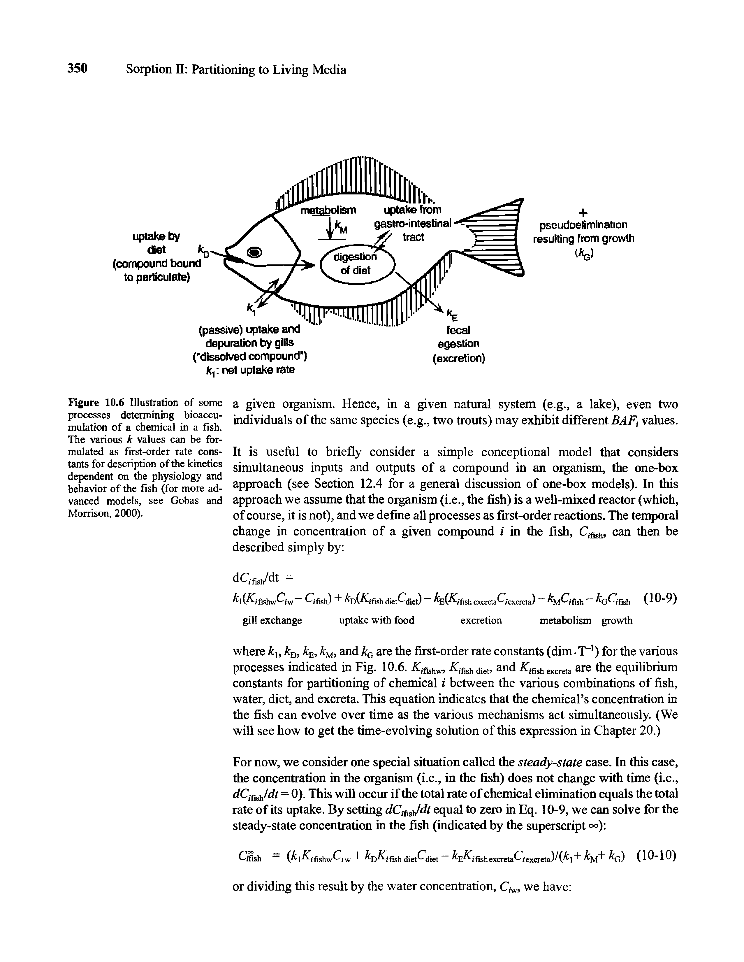 Figure 10.6 Illustration of some processes determining bioaccumulation of a chemical in a fish. The various k values can be formulated as first-order rate constants for description of the kinetics dependent on the physiology and behavior of the fish (for more advanced models, see Gobas and Morrison, 2000).