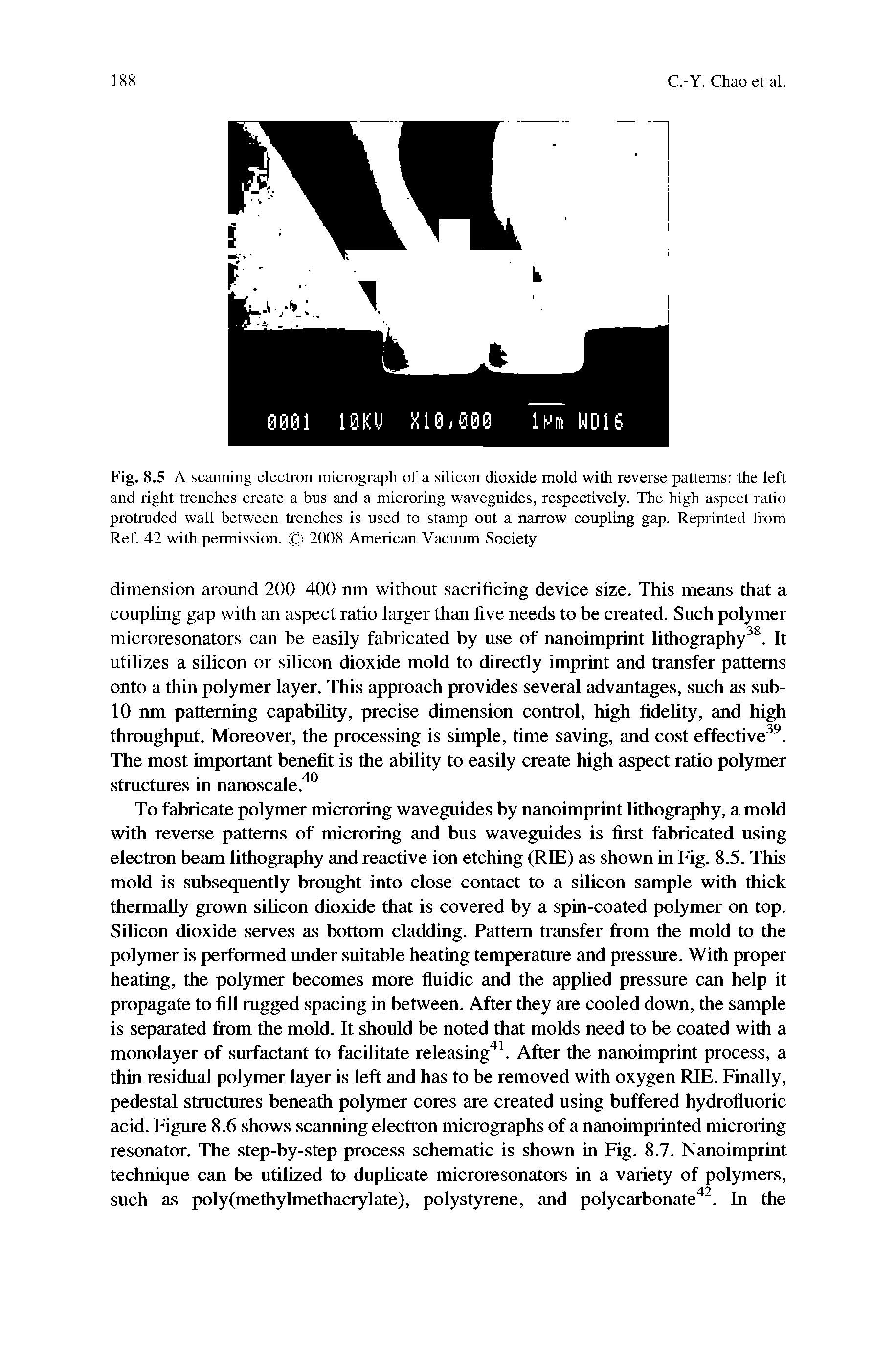 Fig. 8.5 A scanning electron micrograph of a silicon dioxide mold with reverse patterns the left and right trenches create a bus and a microring waveguides, respectively. The high aspect ratio protruded wall between trenches is used to stamp out a narrow coupling gap. Reprinted from Ref. 42 with permission. 2008 American Vacuum Society...