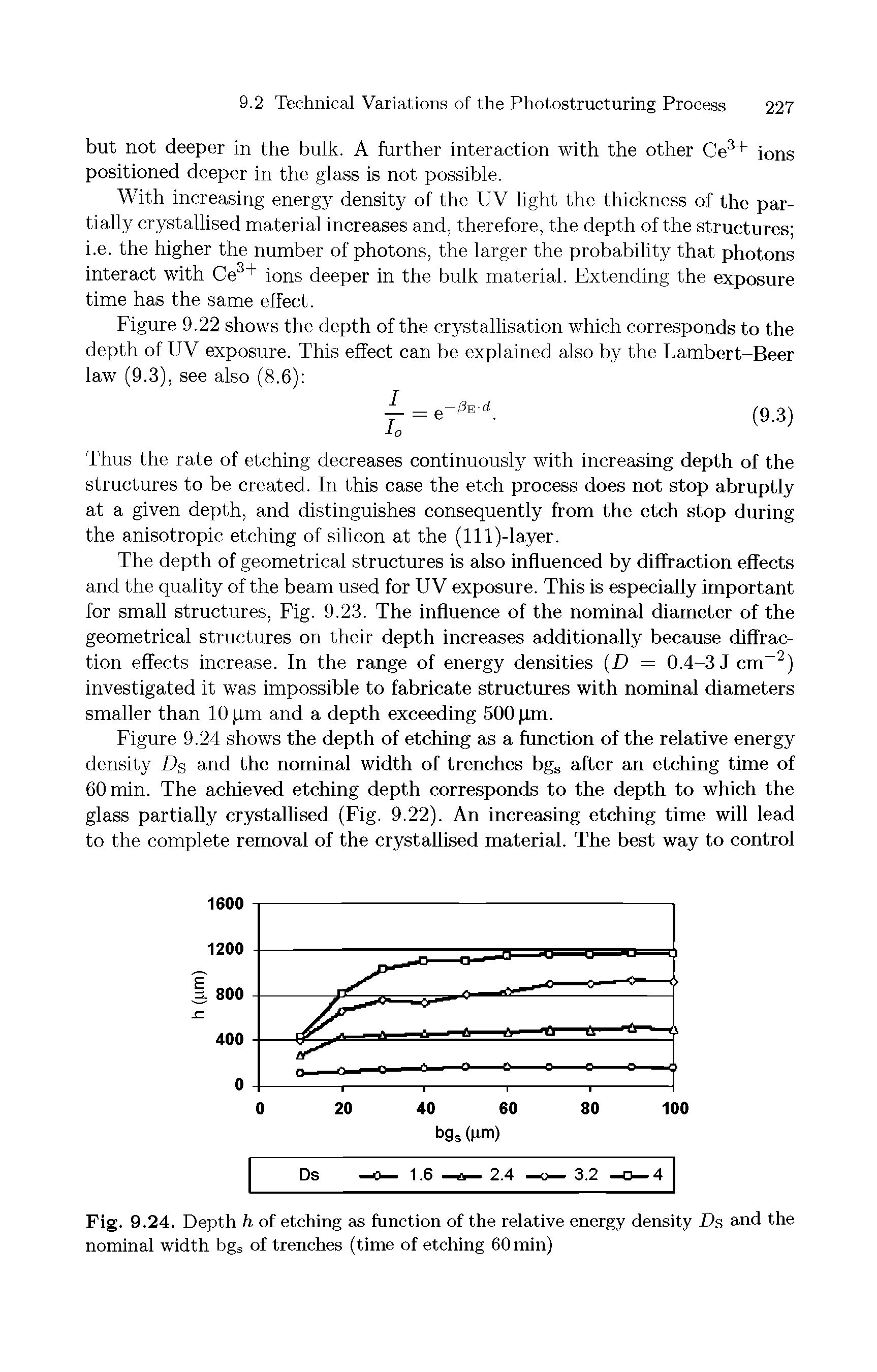 Figure 9.24 shows the depth of etching as a function of the relative energy density Ds and the nominal width of trenches bgs after an etching time of 60 min. The achieved etching depth corresponds to the depth to which the glass partially crystallised (Fig. 9.22). An increasing etching time will lead to the complete removal of the crystallised material. The best way to control...