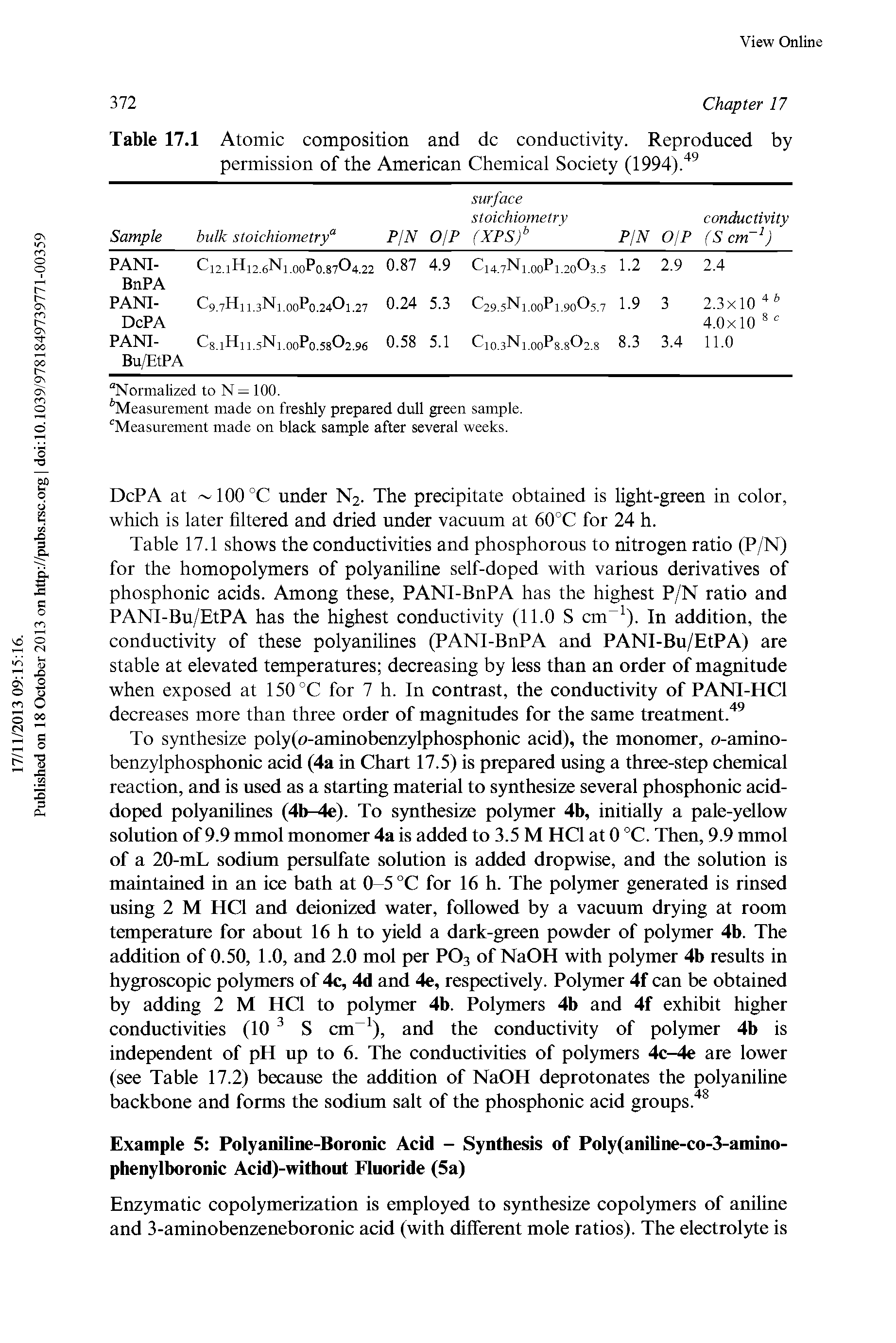 Table 17.1 Atomic composition and dc conductivity. Reproduced by permission of the American Chemical Society (1994)." ...