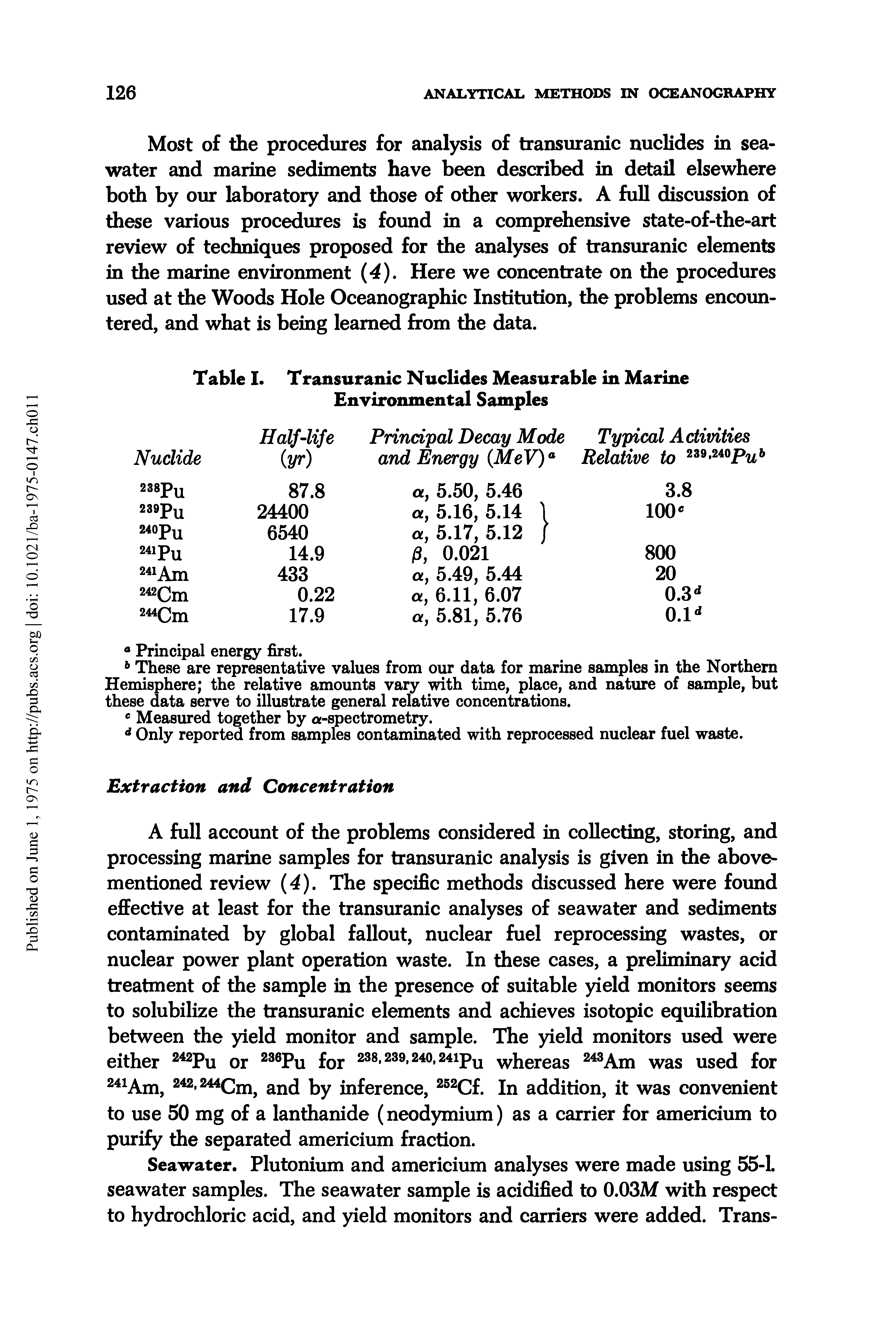 Table I. Transuranic Nuclides Measurable in Marine Environmental Samples...