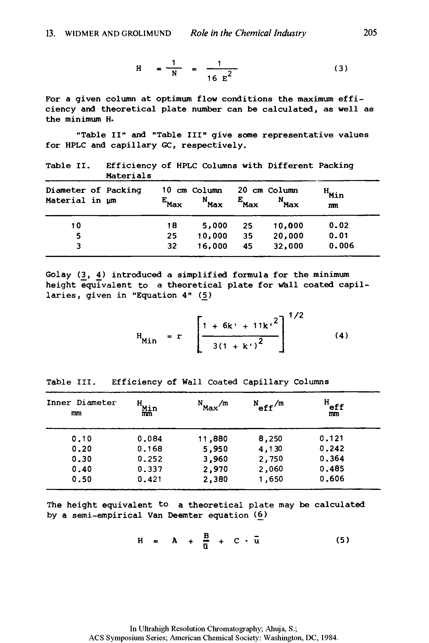 Table III. Efficiency of Wall Coated Capillary Columns...