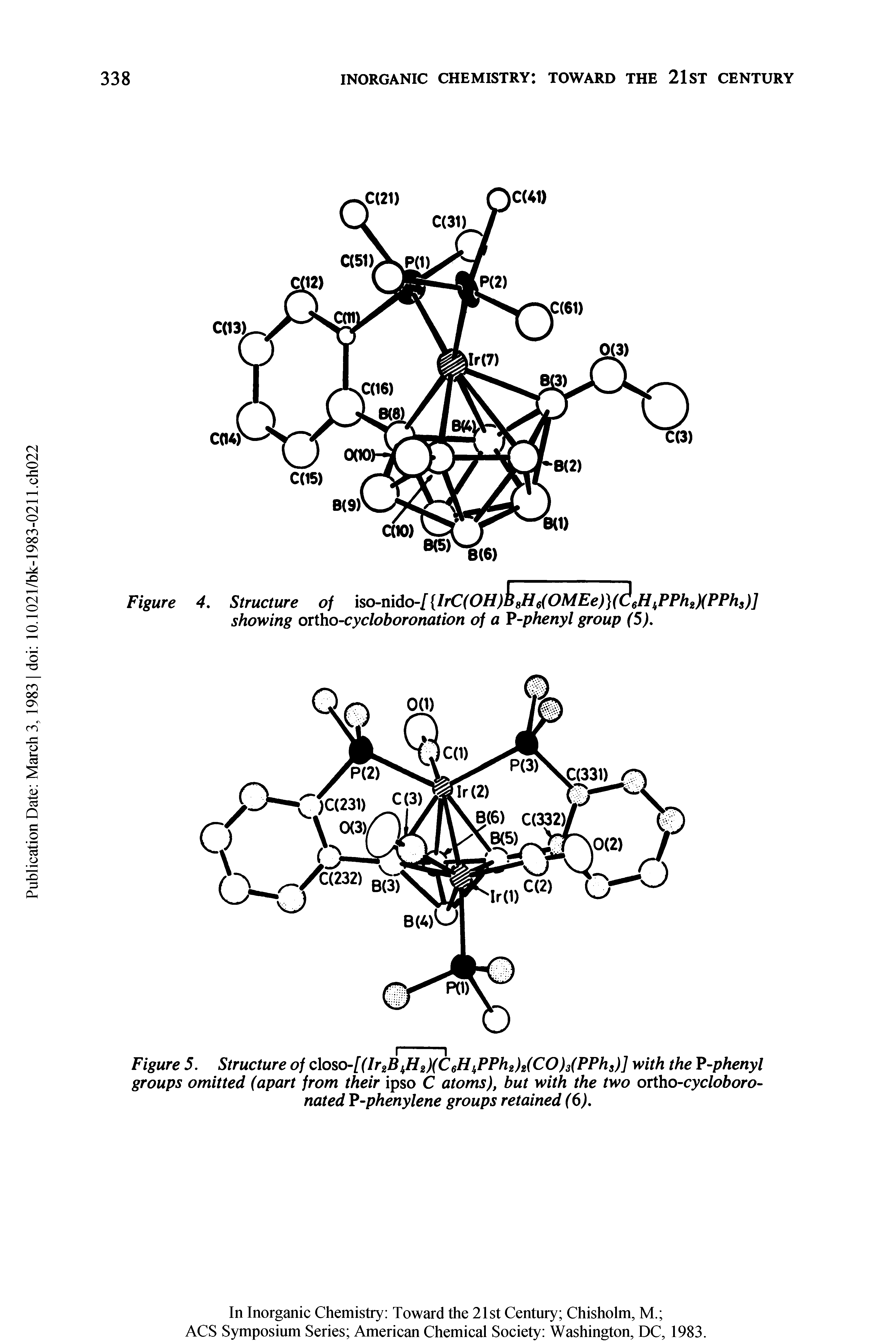 Figure 5. Structure of closo-/ (lr2BkH2)(C6HItPPh2)2(CO)3(PPhs)] with the T -phenyl groups omitted (apart from their ipso C atoms), but with the two ortho-cycloboro-nated P-phenylene groups retained (6),...