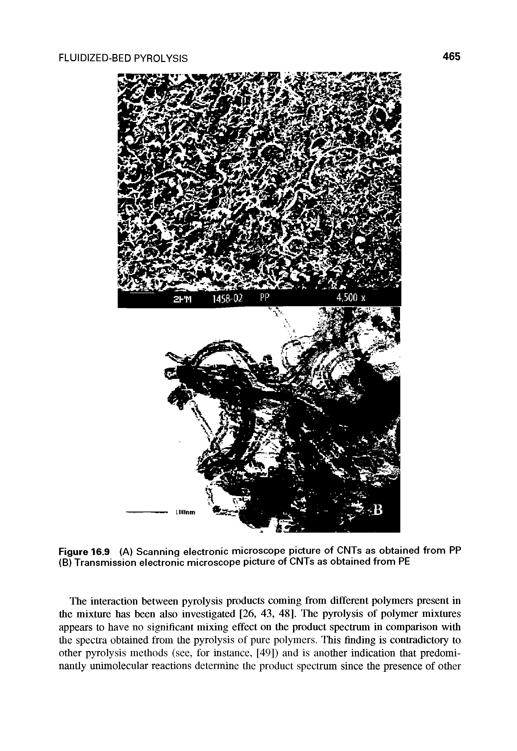 Figure 16.9 (A) Scanning electronic microscope picture of CNTs as obtained from PP (B) Transmission electronic microscope picture of CNTs as obtained from PE...