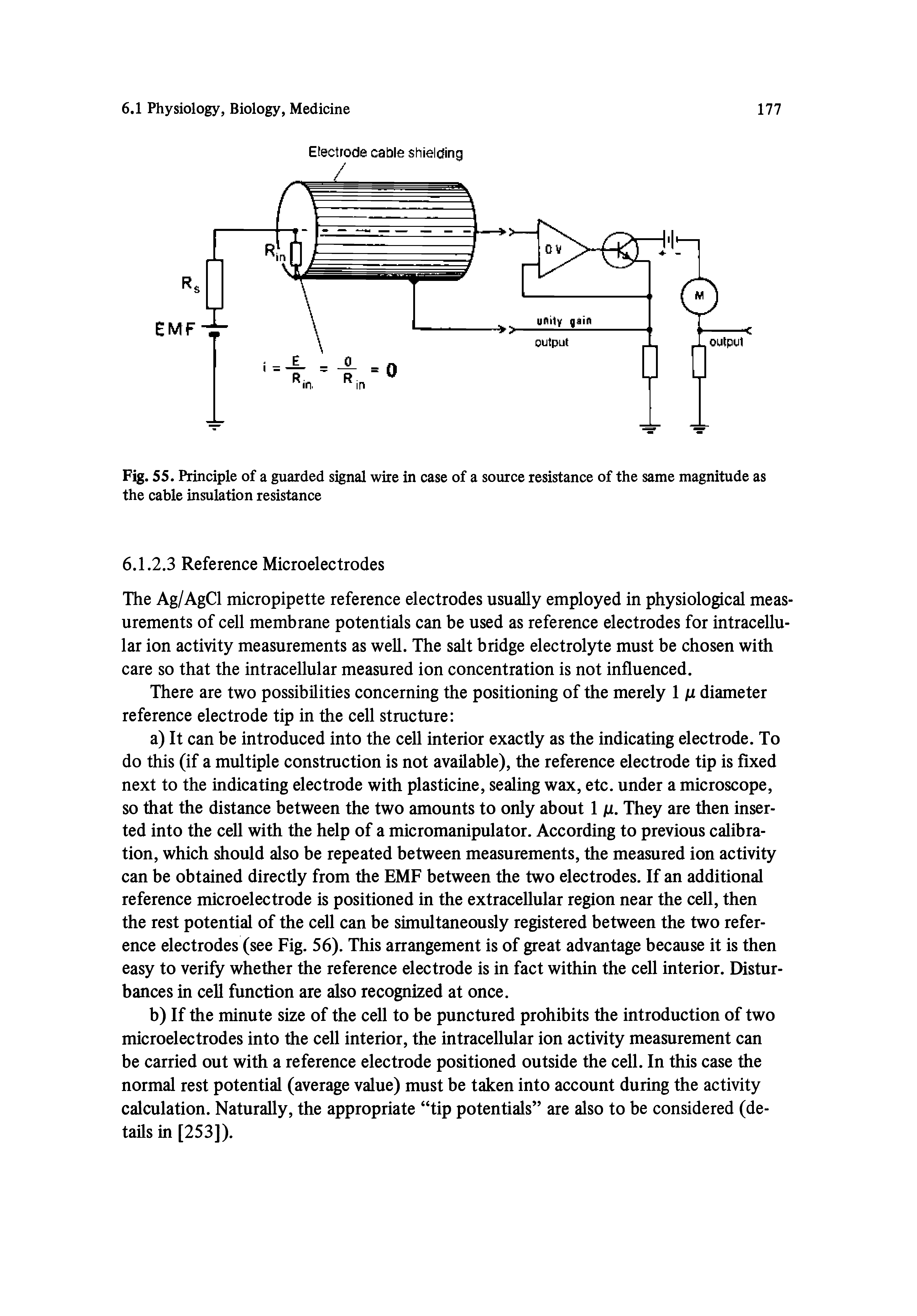 Fig. 55. Principle of a guarded signal wire in case of a source resistance of the same magnitude as the cable insulation resistance...