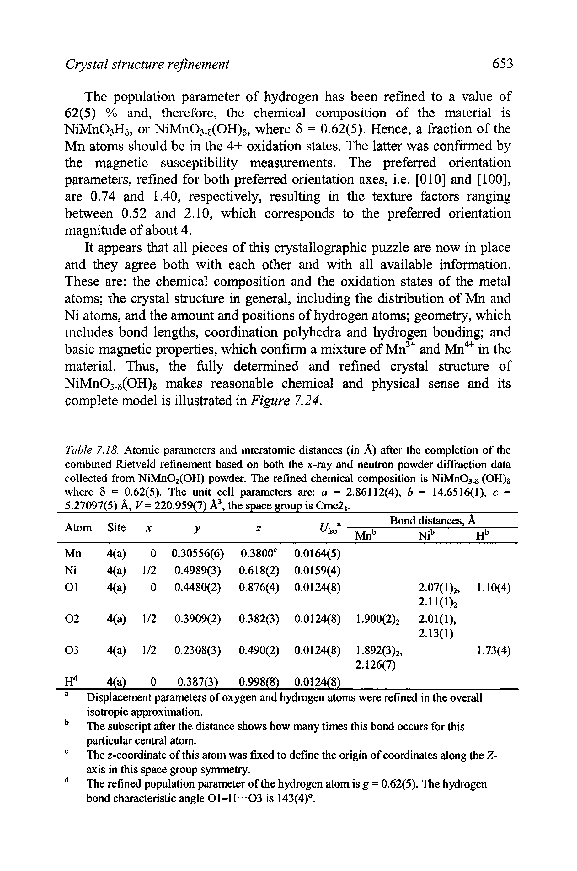 Table 7.18. Atomic parameters and interatomic distances (in A) after the completion of the combined Rietveld refinement based on both the x-ray and neutron powder diffraction data collected from NiMn02(0H) powder. The refined chemical composition is NiMnOs (OH)j where 8 = 0.62(5). The unit cell parameters are a = 2.86112(4), b = 14.6516(1), c =...