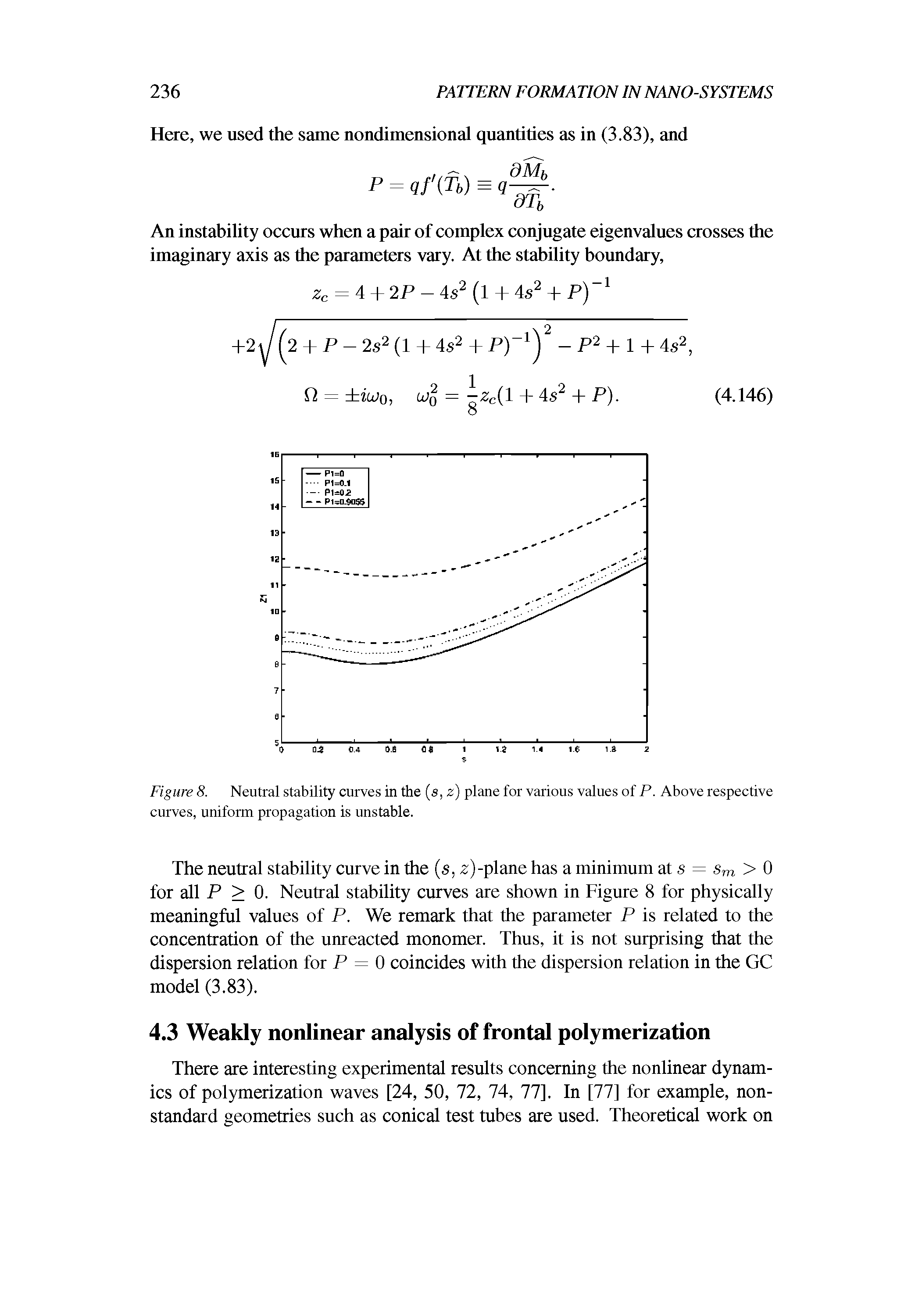 Figure 8. Neutral stability curves in the (s, z) plane for various values of P. Above respective curves, uniform propagation is unstable.