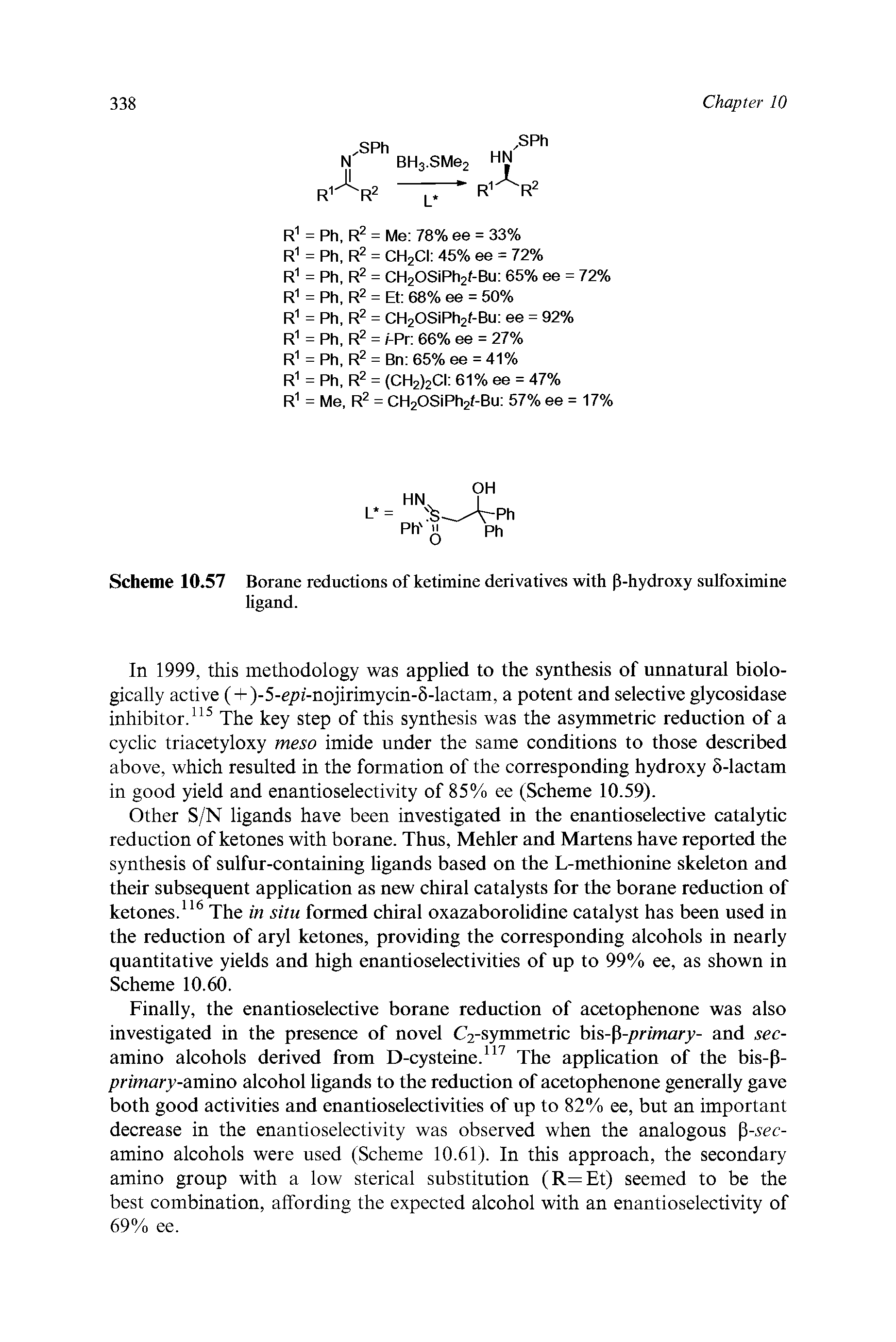 Scheme 10.57 Borane reductions of ketimine derivatives with P-hydroxy sulfoximine ligand.