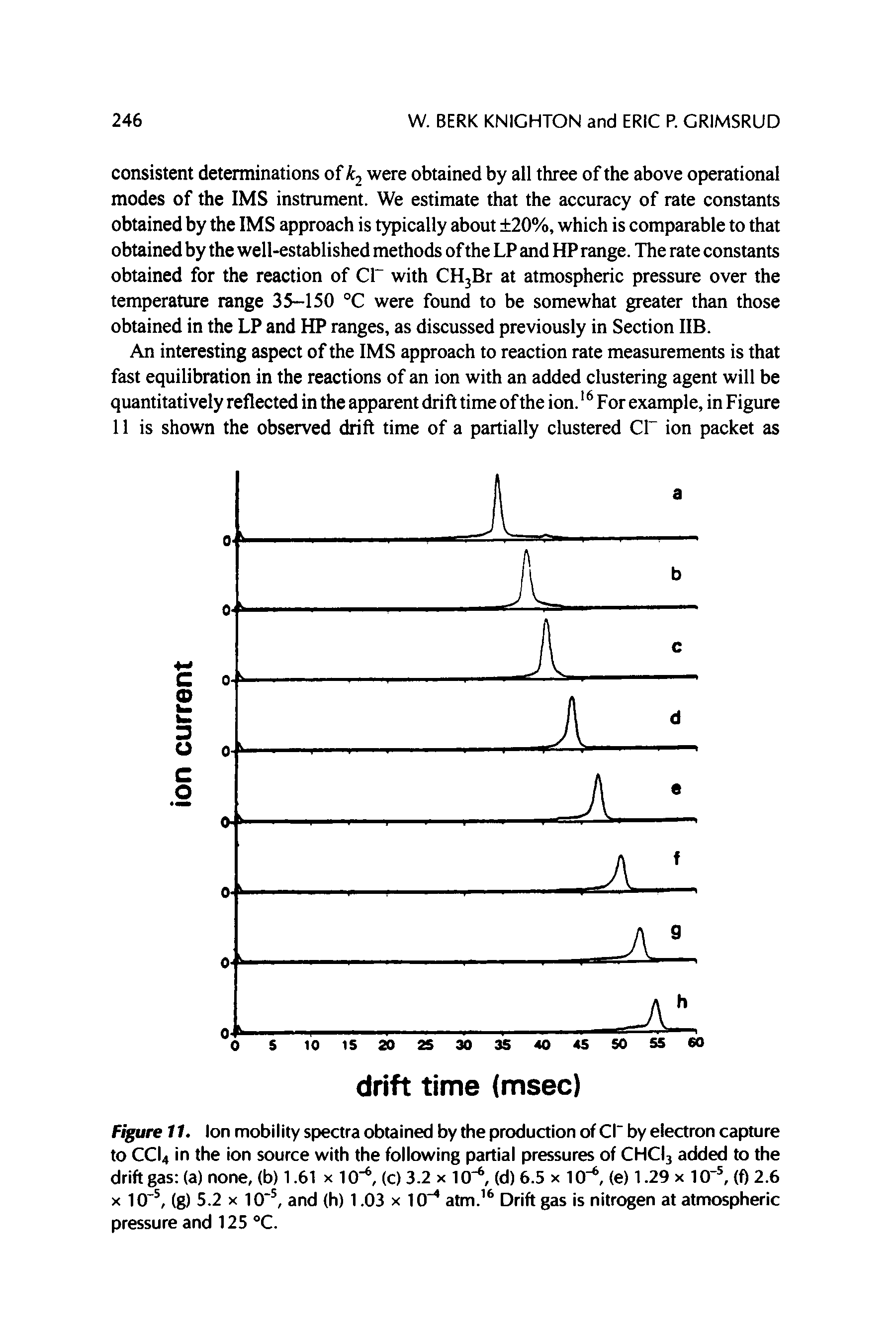 Figure 11. Ion mobility spectra obtained by the production of Cl" by electron capture to CCI4 in the ion source with the following partial pressures of CHCI3 added to the drift gas (a) none, (b) 1.61x10", (c) 3.2 x 10", (d) 6.5 x 10", (e) 1.29 x 10" , (f) 2.6...