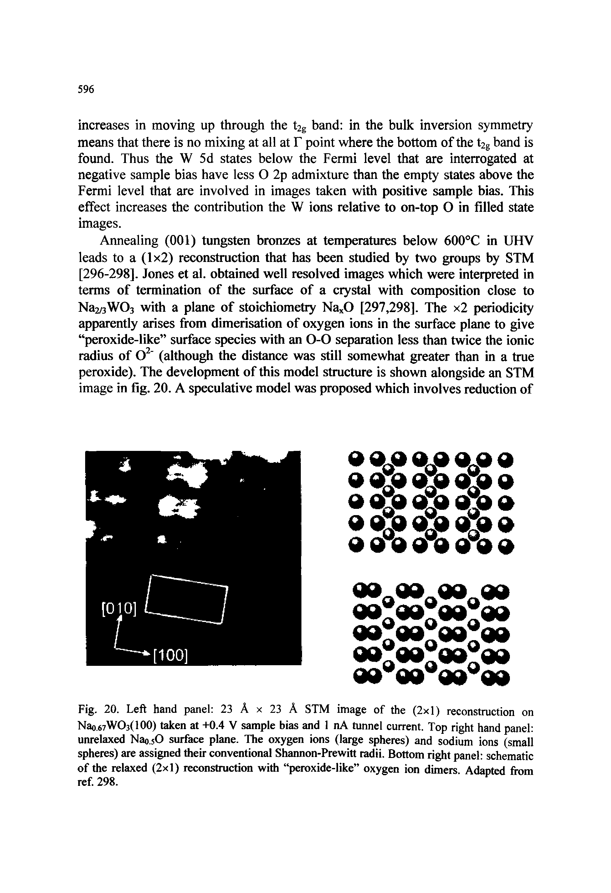 Fig. 20. Left hand panel 23 A x 23 A STM image of the (2x1) reconstruction on Nao.67W03(100) taken at +0.4 V sample bias and 1 nA tunnel current. Top right hand panel unrelaxed Nao.sO surface plane. The oxygen ions (large spheres) and sodium ions (small spheres) are assigned their conventional Shannon-Prewitt radii. Bottom right panel schematic of the relaxed (2x1) reconstruction with peroxide-like oxygen ion dimers. Adapted from ref. 298.