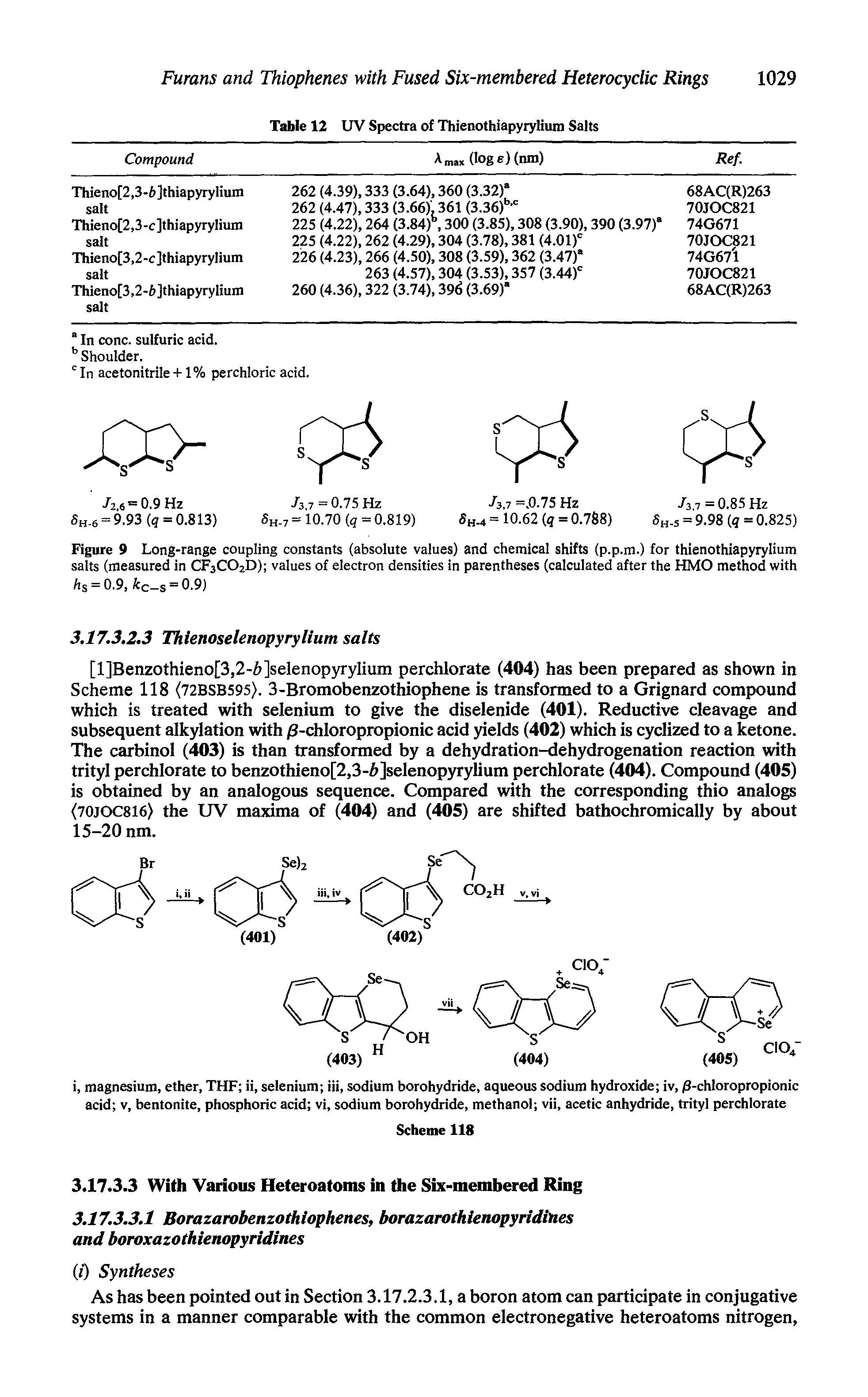 Figure 9 Long-range coupling constants (absolute values) and chemical shifts (p.p.m.) for thienothiapyrylium salts (measured in CF3C02D) values of electron densities in parentheses (calculated after the HMO method with h = 0.9, kc-s 0.9)...