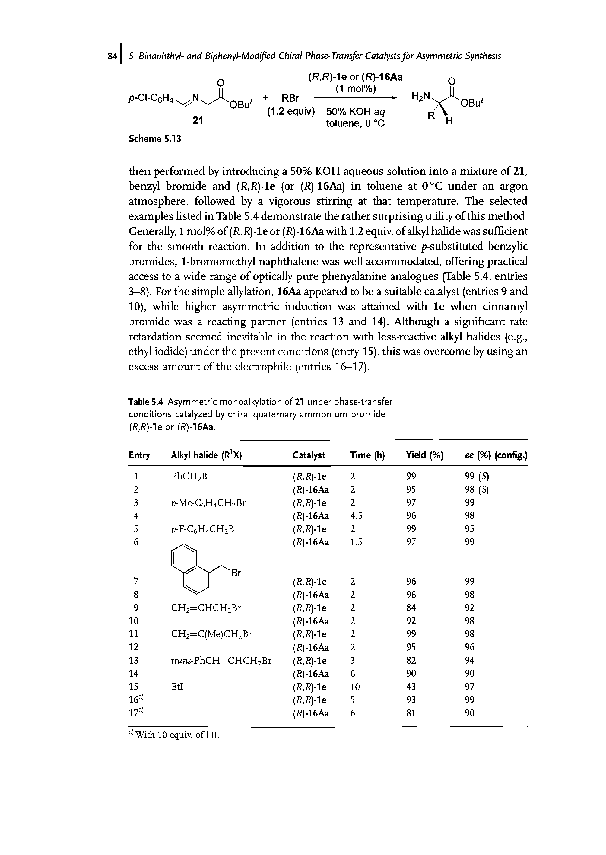 Table 5.4 Asymmetric monoalkylation of 21 under phase-transfer conditions catalyzed by chiral quaternary ammonium bromide (R,R)-le or (R)-16Aa.