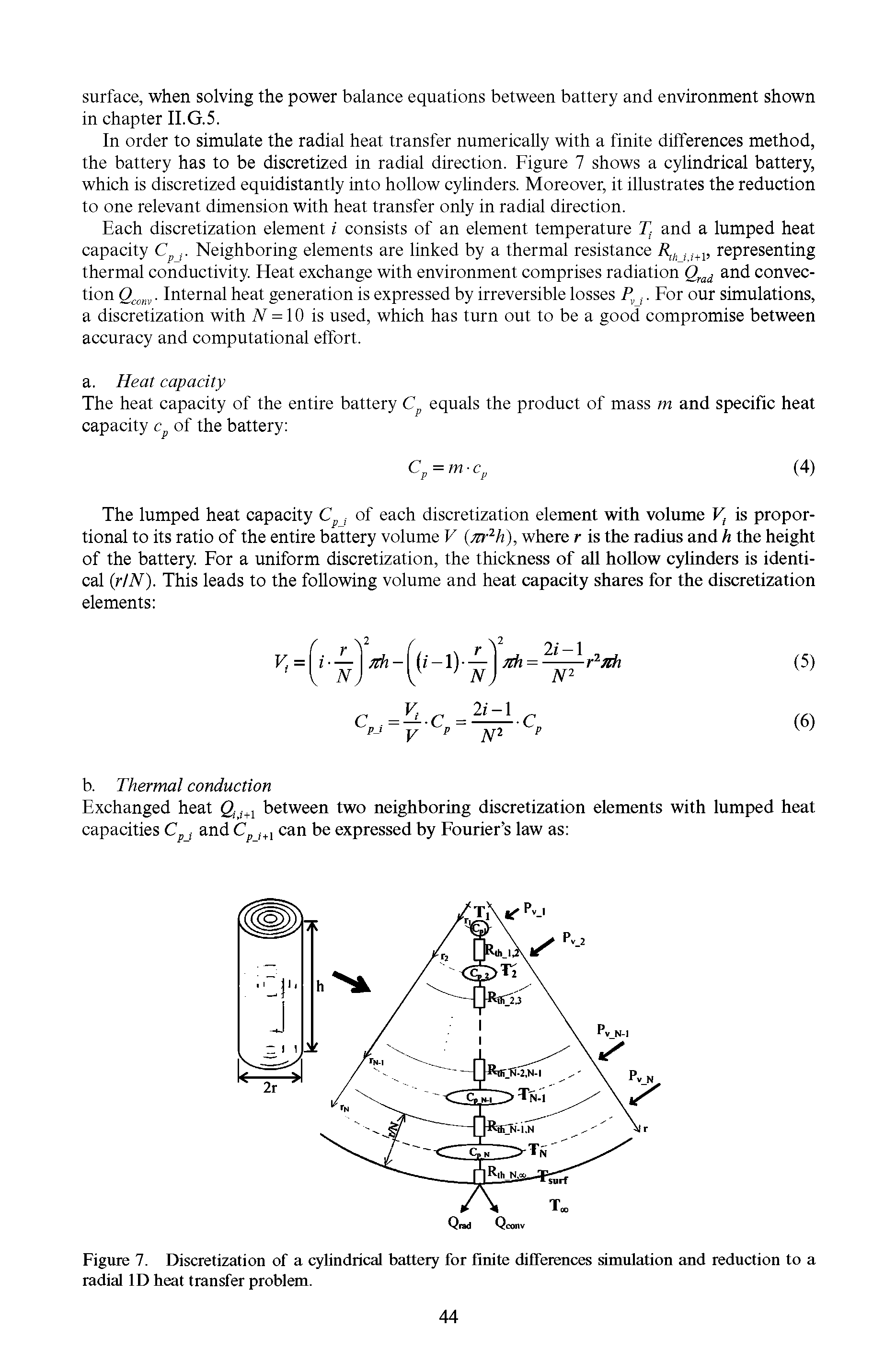 Figure 7. Discretization of a cylindrical battery for finite differences simulation and reduction to a radial ID heat transfer problem.