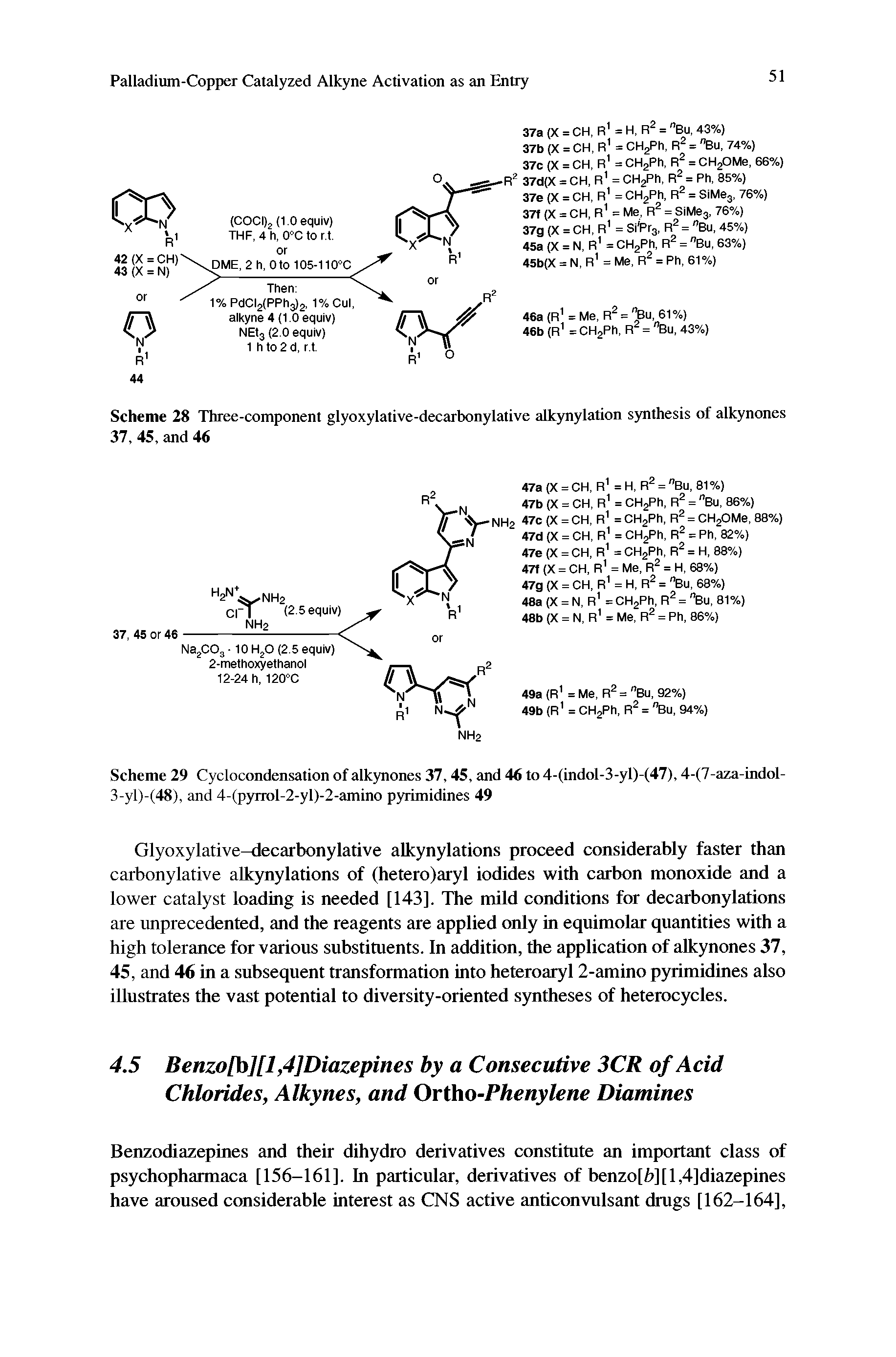 Scheme 29 Cyclocondensation of alkynones 37,45, and 46 to 4-(indol-3-yl)-(47), 4-(7-aza-indol-3-yl)-(48), and 4-(pyrrol-2-yl)-2-amino pyrimidines 49...