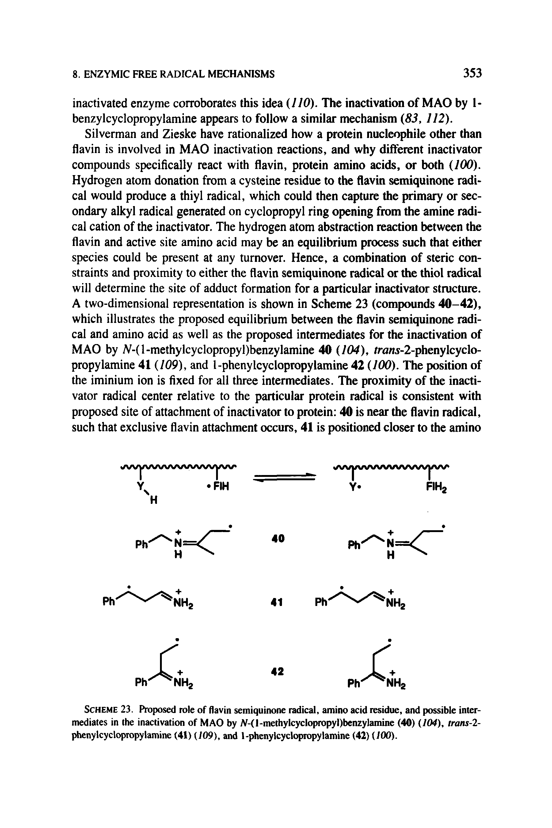 Scheme 23. Proposed role of flavin semiquinone radical, amino acid residue, and possible intermediates in the inactivation of MAO by N-(I-methylcyclopropyl)benzylamine (40) (.104), trans-2-phenylcyclopropylamine (41) (i09), and 1-phenylcyclopropylamine (42) (JOO).