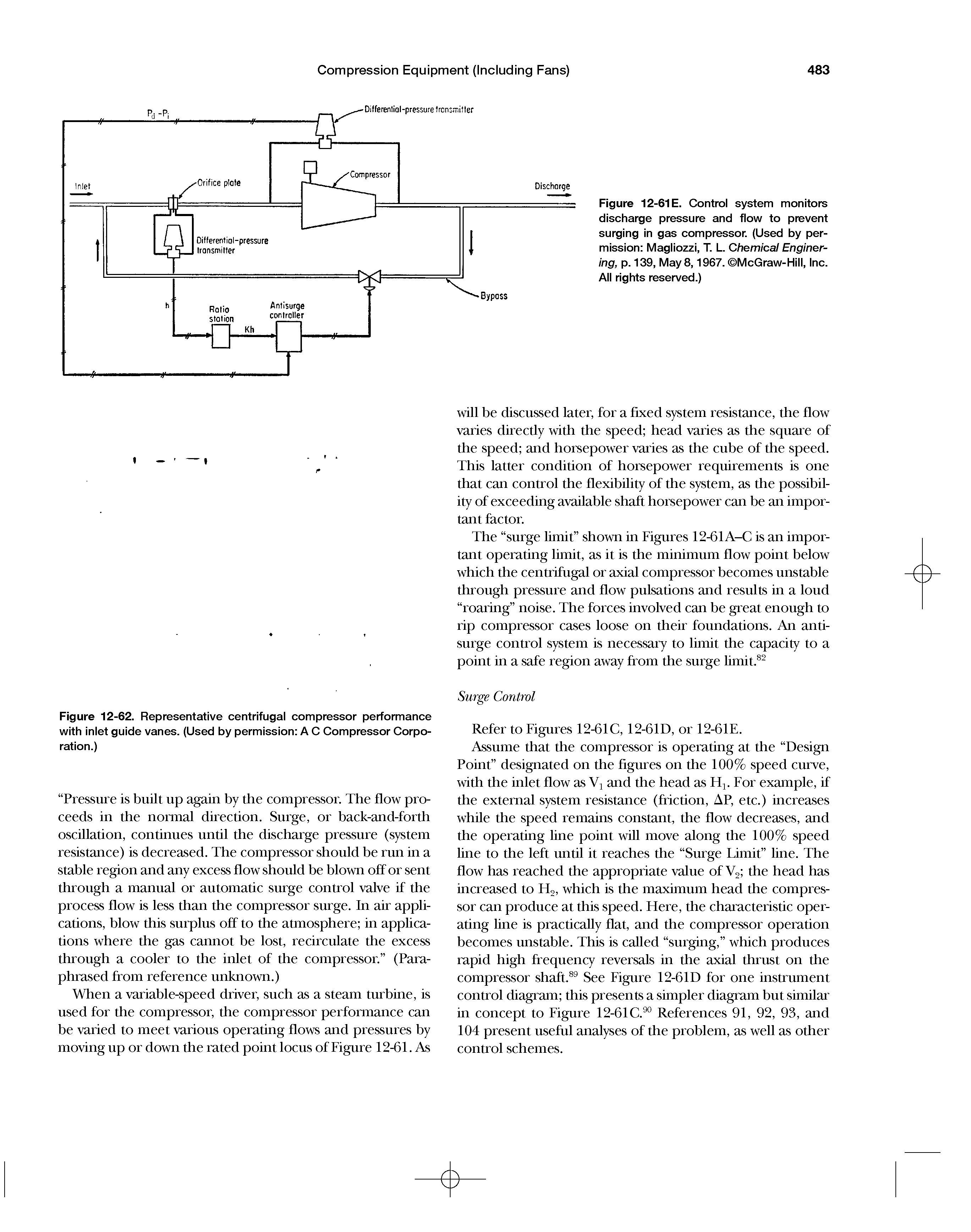 Figure 12-61E. Control system monitors discharge pressure and flow to prevent surging in gas compressor. (Used by permission Magliozzi, T. L. Chemical Enginering, p. 139, May 8,1967. McGraw-Hill, Inc. All rights reserved.)...