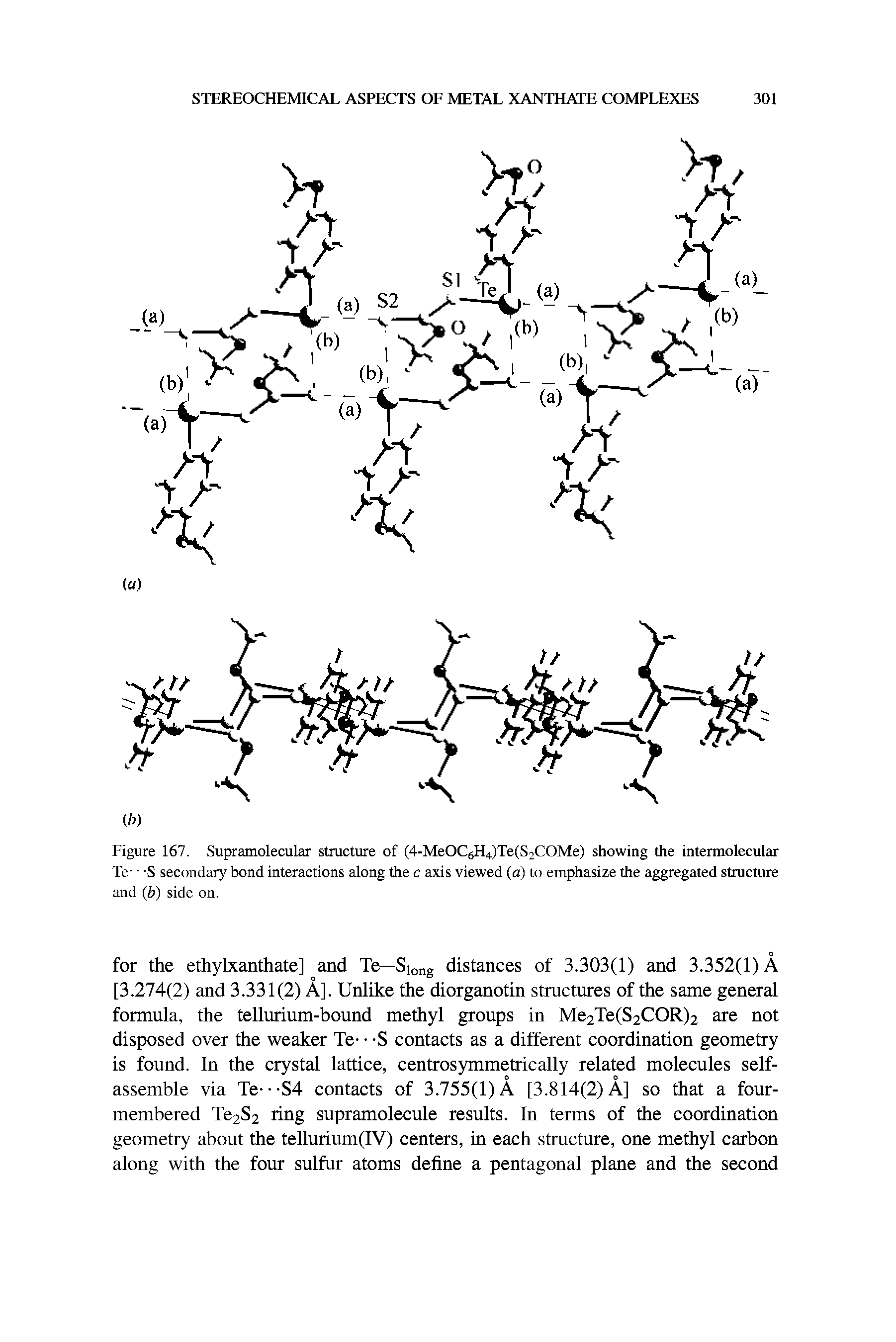 Figure 167. Supramolecular structure of (4-MeOC6H4)Te(S2COMe) showing the intermolecular Te- -S secondary bond interactions along the c axis viewed (a) to emphasize the aggregated structure and (b) side on.