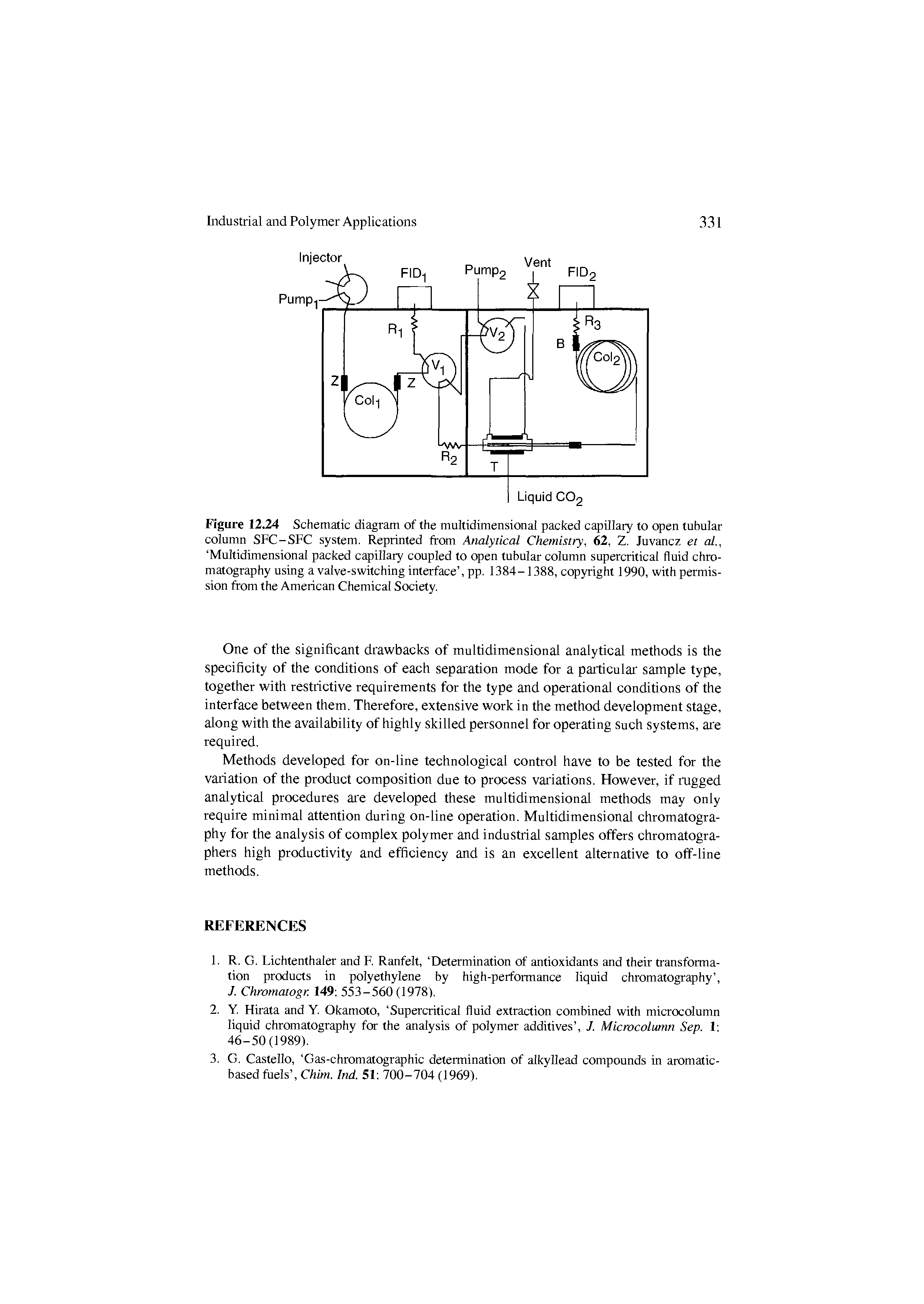 Figure 12.24 Schematic diagram of the multidimensional packed capillary to open tubular column SFC-SFC system. Reprinted from Analytical Chemistry, 62, Z. Juvancz et al., Multidimensional packed capillary coupled to open tubular column supercritical fluid chromatography using a valve-switching interface , pp. 1384-1388, copyright 1990, with permission from the American Chemical Society.